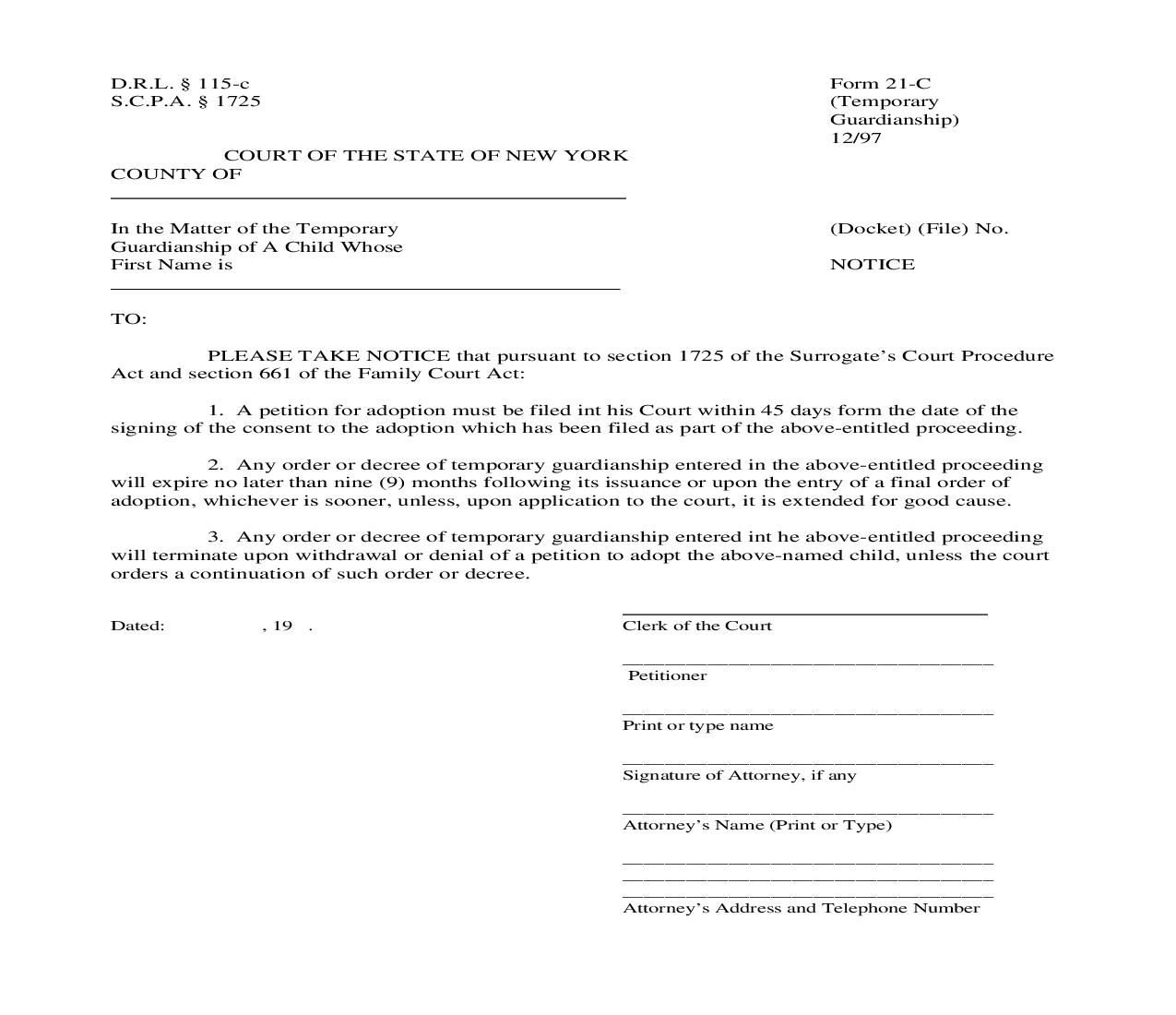 Notice (Temporary Guardianship) {21-C} | Pdf Fpdf Doc Docx | New York