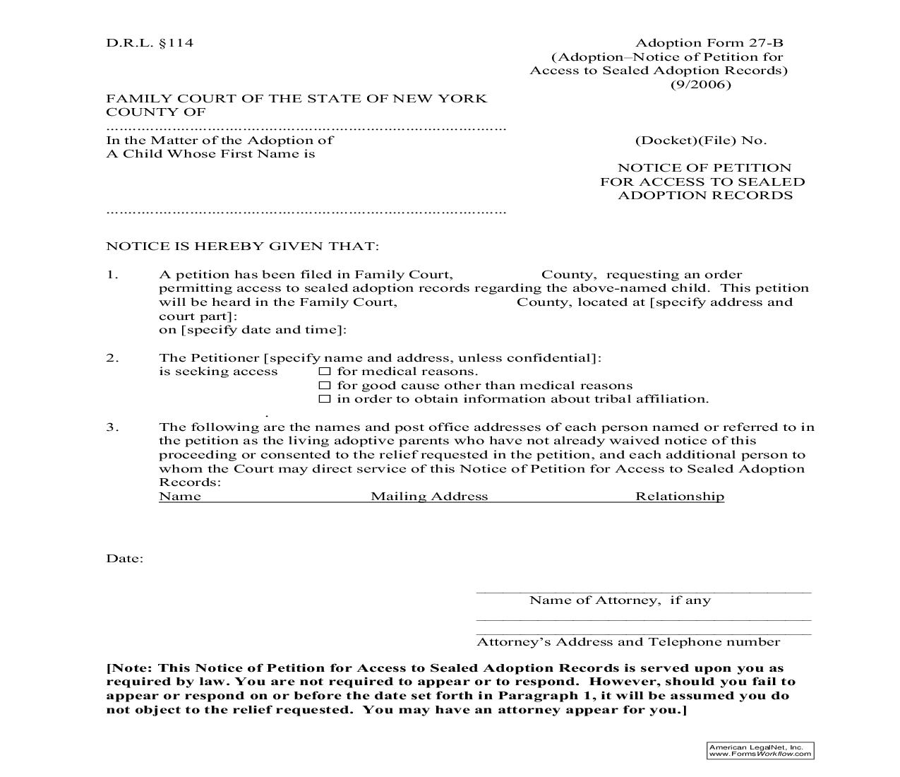 Notice Of Petition For Access To Sealed Adoption Records {27-B} | Pdf Fpdf Doc Docx | New York