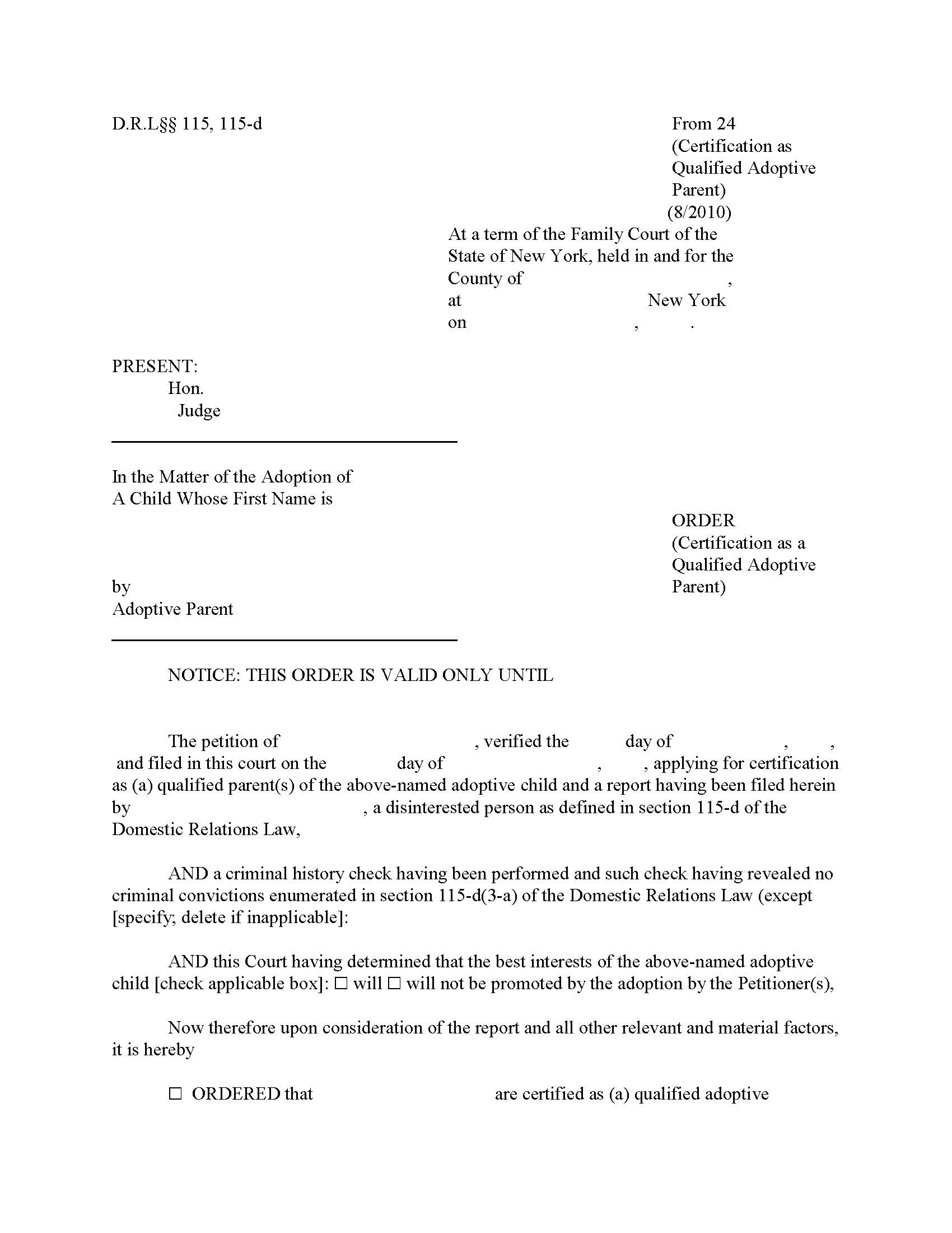 Order (Certification As A Qualified Adoptive Parent) {24} | Pdf Fpdf Doc Docx | New York