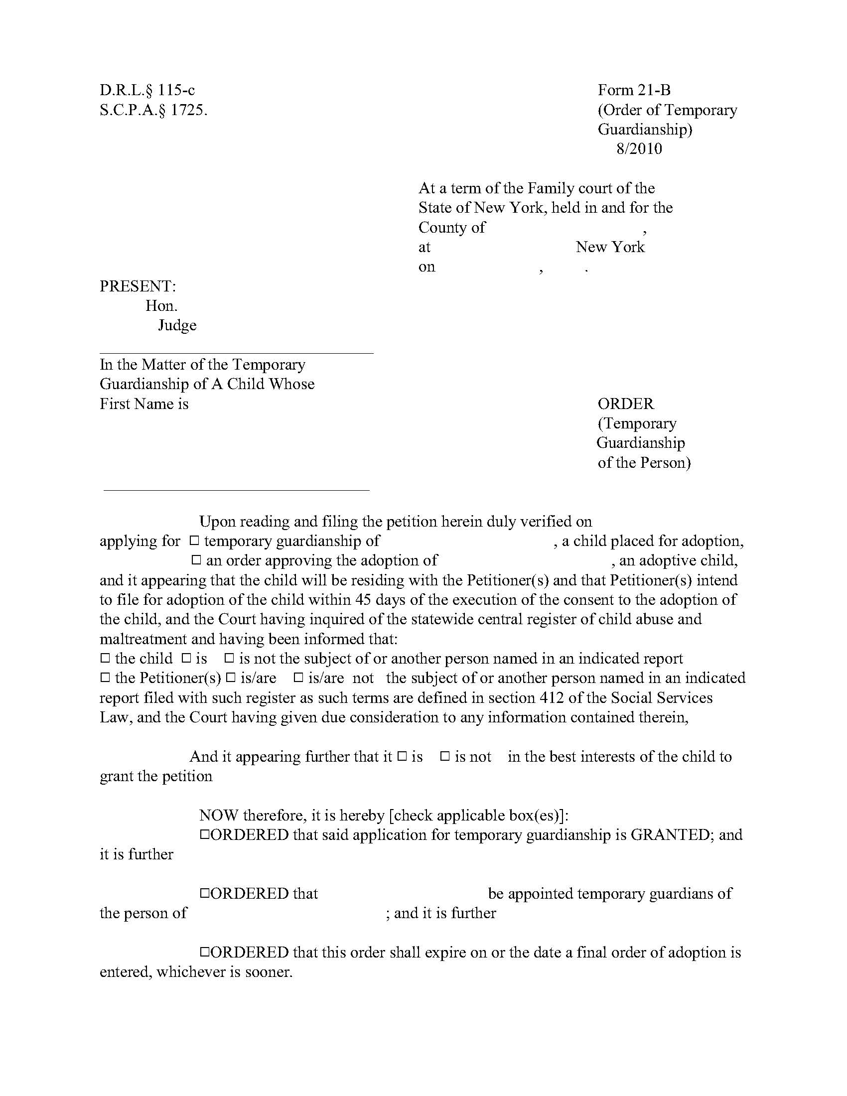 Order (Temporary Guardianship Of The Person) {21-B} | Pdf Fpdf Doc Docx | New York