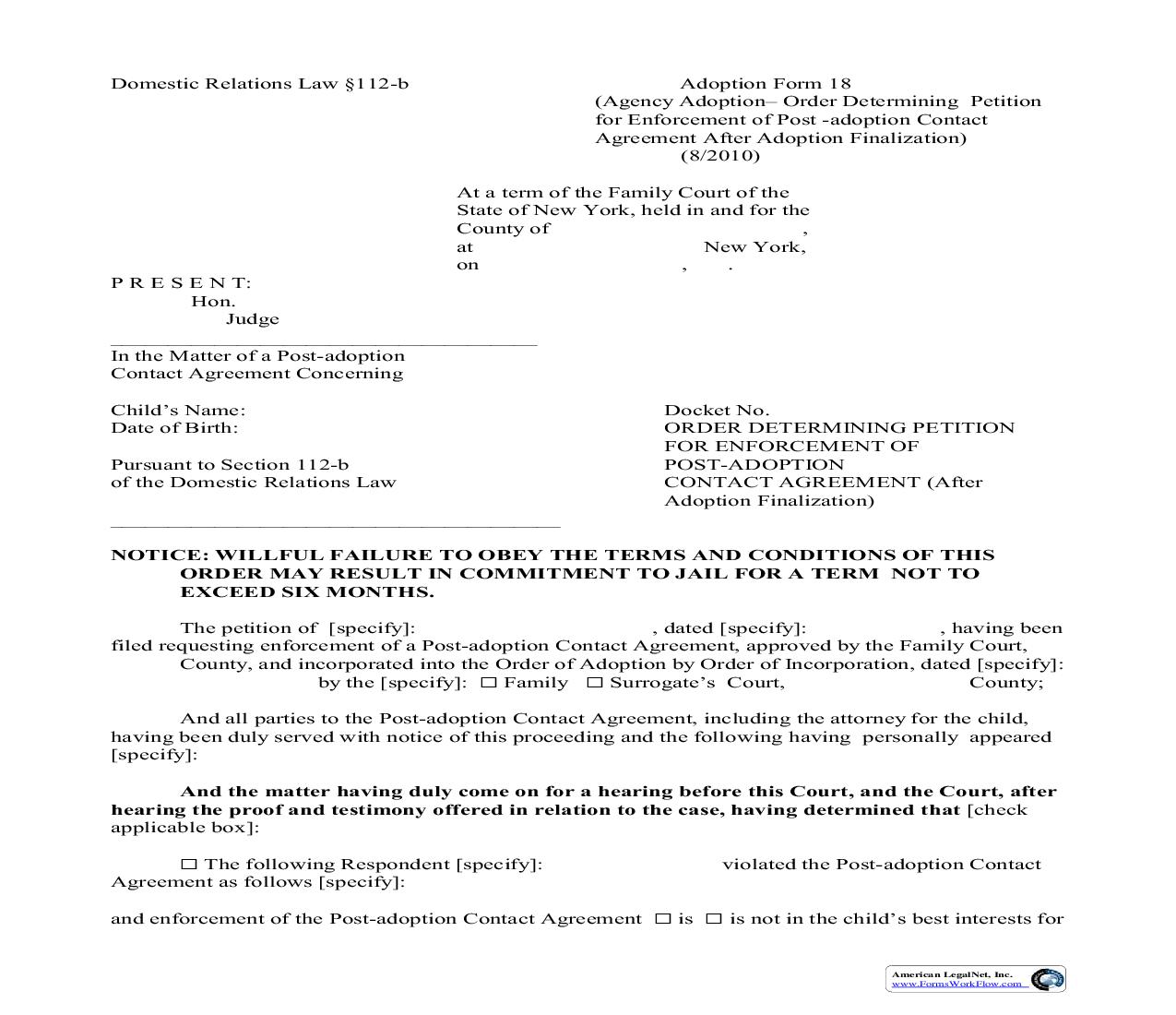 Order Determing Petition For Enforcement Of Post-Adoption Contact Agreement (After Finalization) {18} | Pdf Fpdf Doc Docx | New York