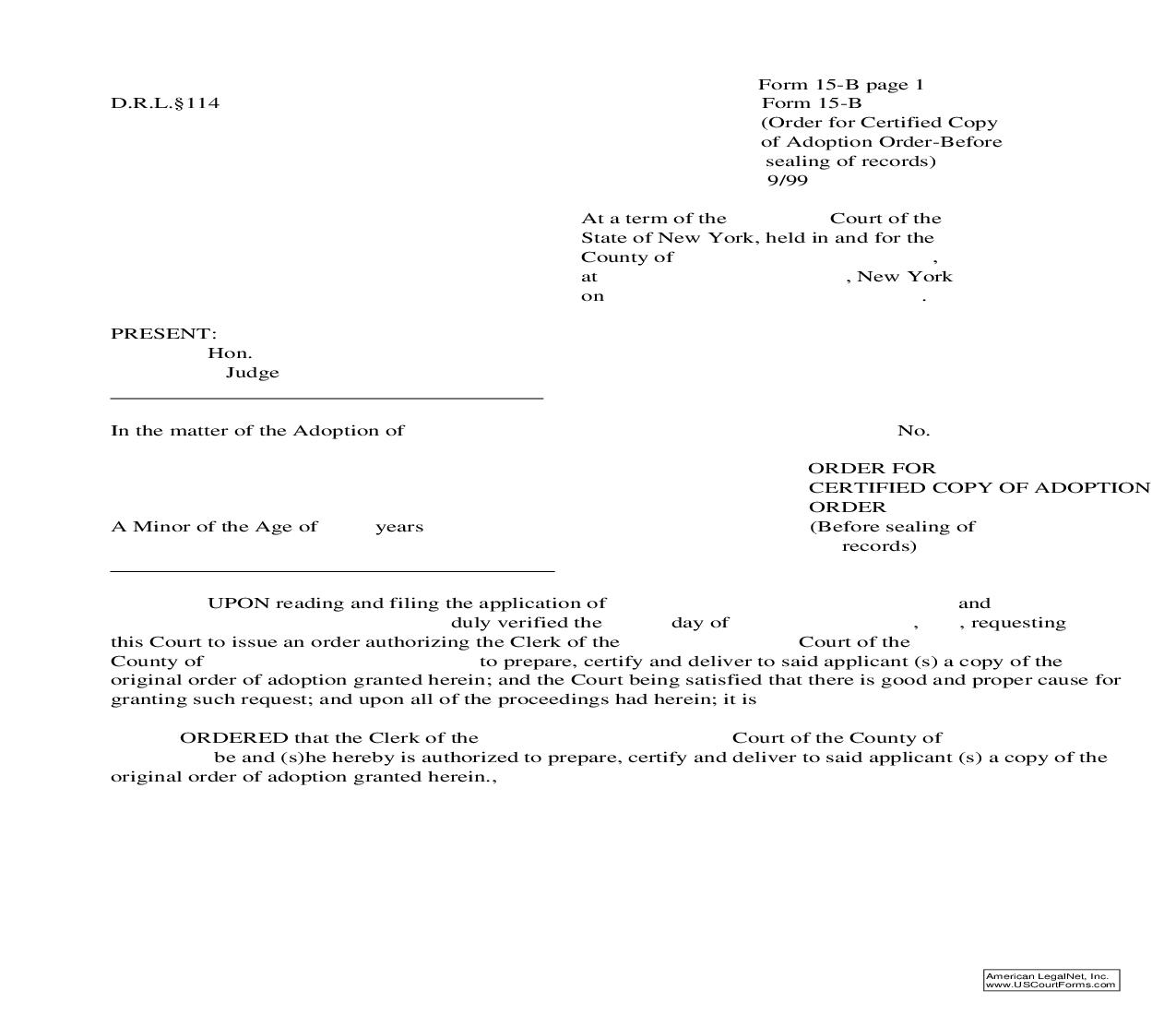 Order For Certified Copy Of Adoption Order (Before Sealing Of Records) {15-B} | Pdf Fpdf Doc Docx | New York