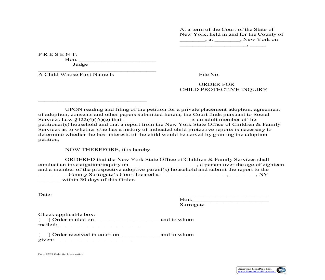 Order For Child Protective Inquiry | Pdf Fpdf Doc Docx | New York