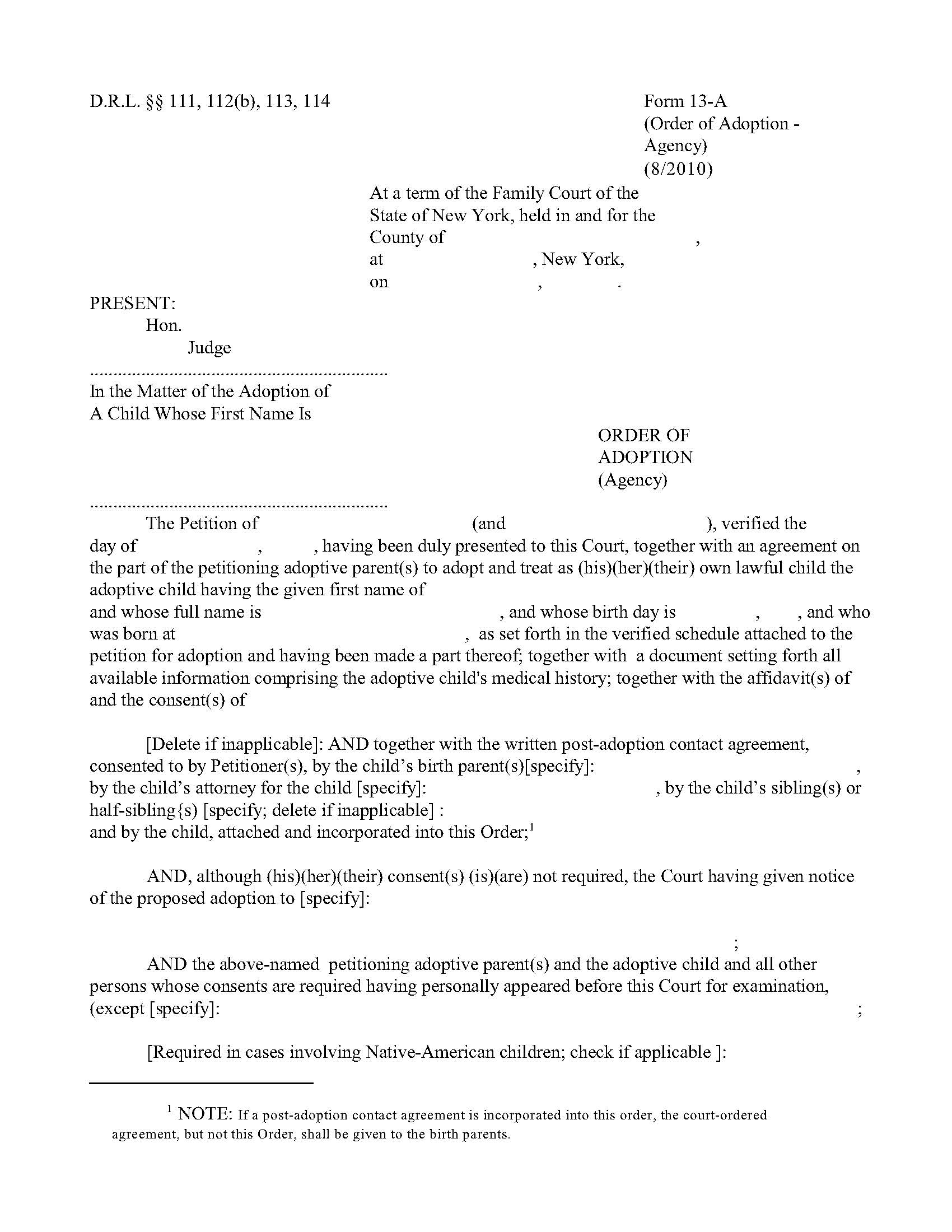 Order Of Adoption (Agency) {13-A} | Pdf Fpdf Doc Docx | New York