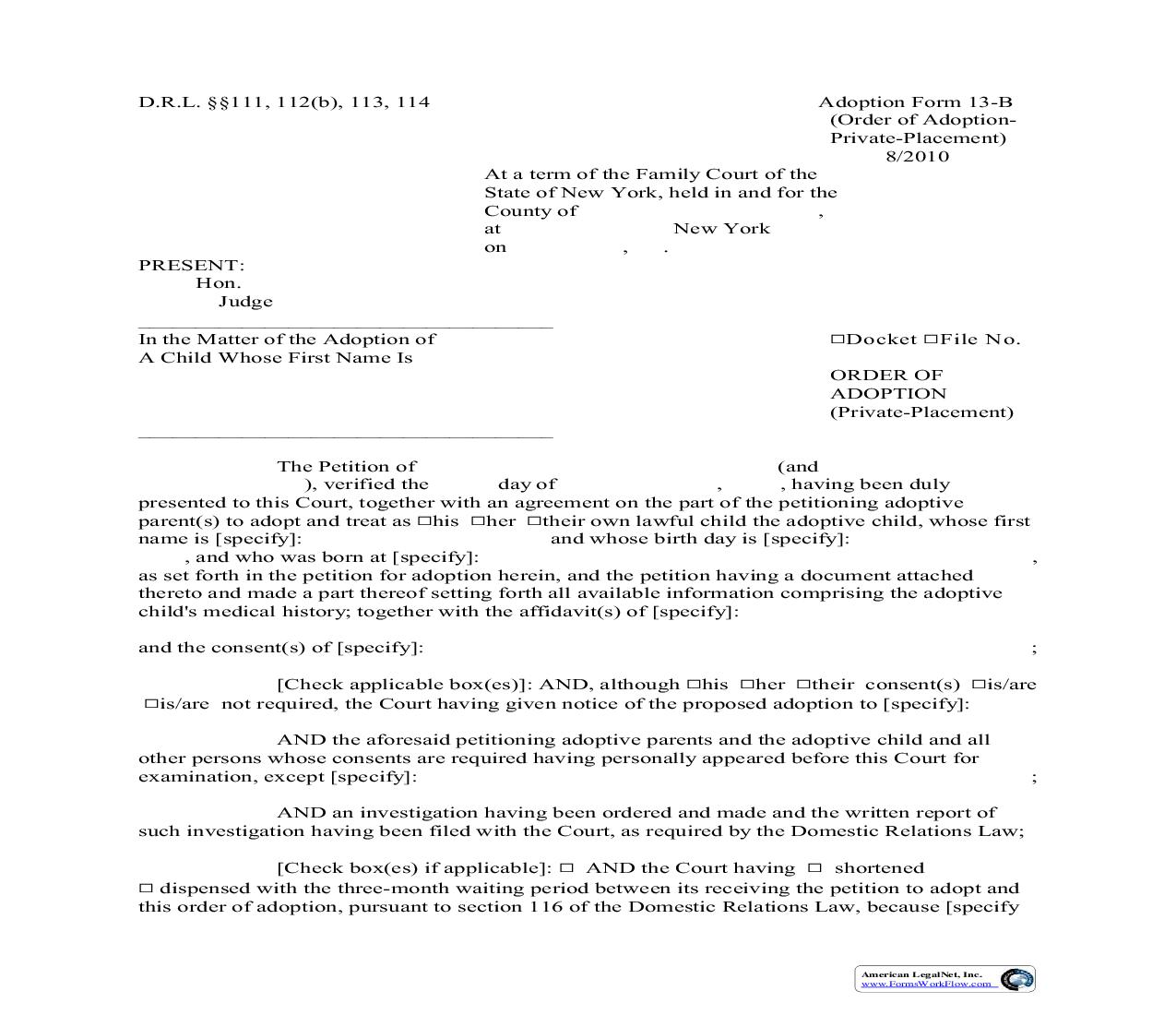 Order Of Adoption (Private Placement) {13-B} | Pdf Fpdf Doc Docx | New York