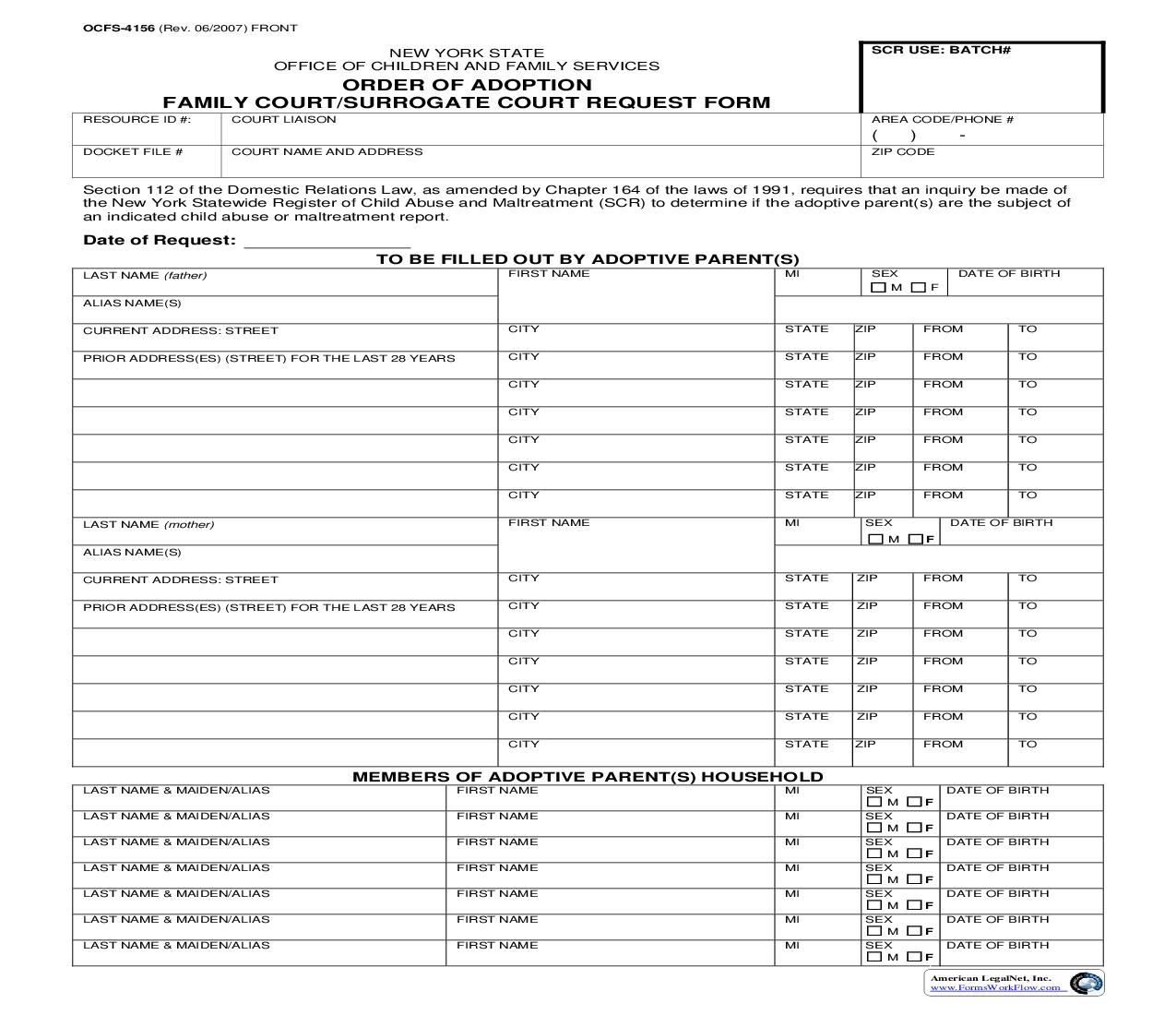 Order Of Adoption Family Court Surrogate Court Request Form {OCFS-4156} | Pdf Fpdf Doc Docx | New York