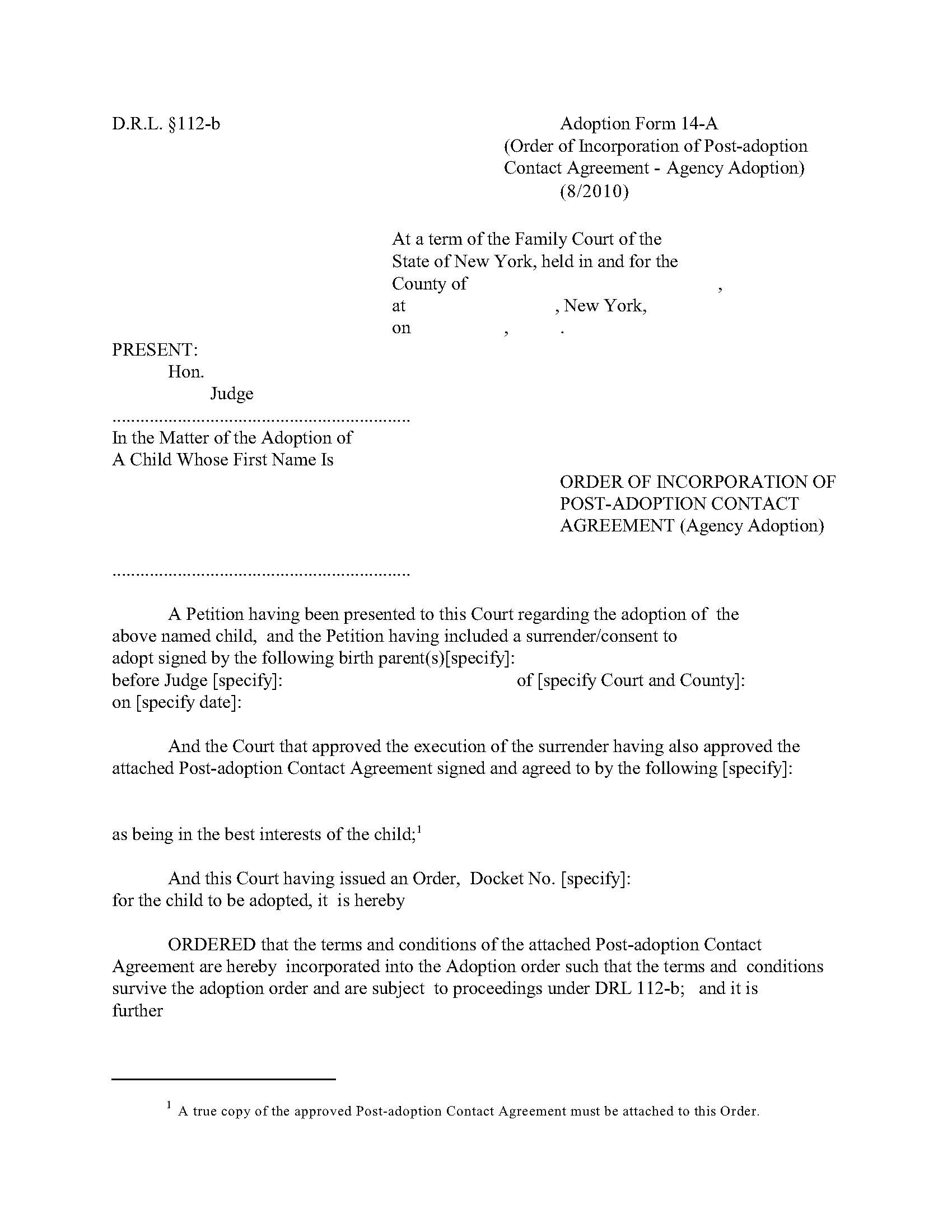 Order Of Incorporation Of Post-Adoption Contact Agreement (Agency) {14-A} | Pdf Fpdf Doc Docx | New York