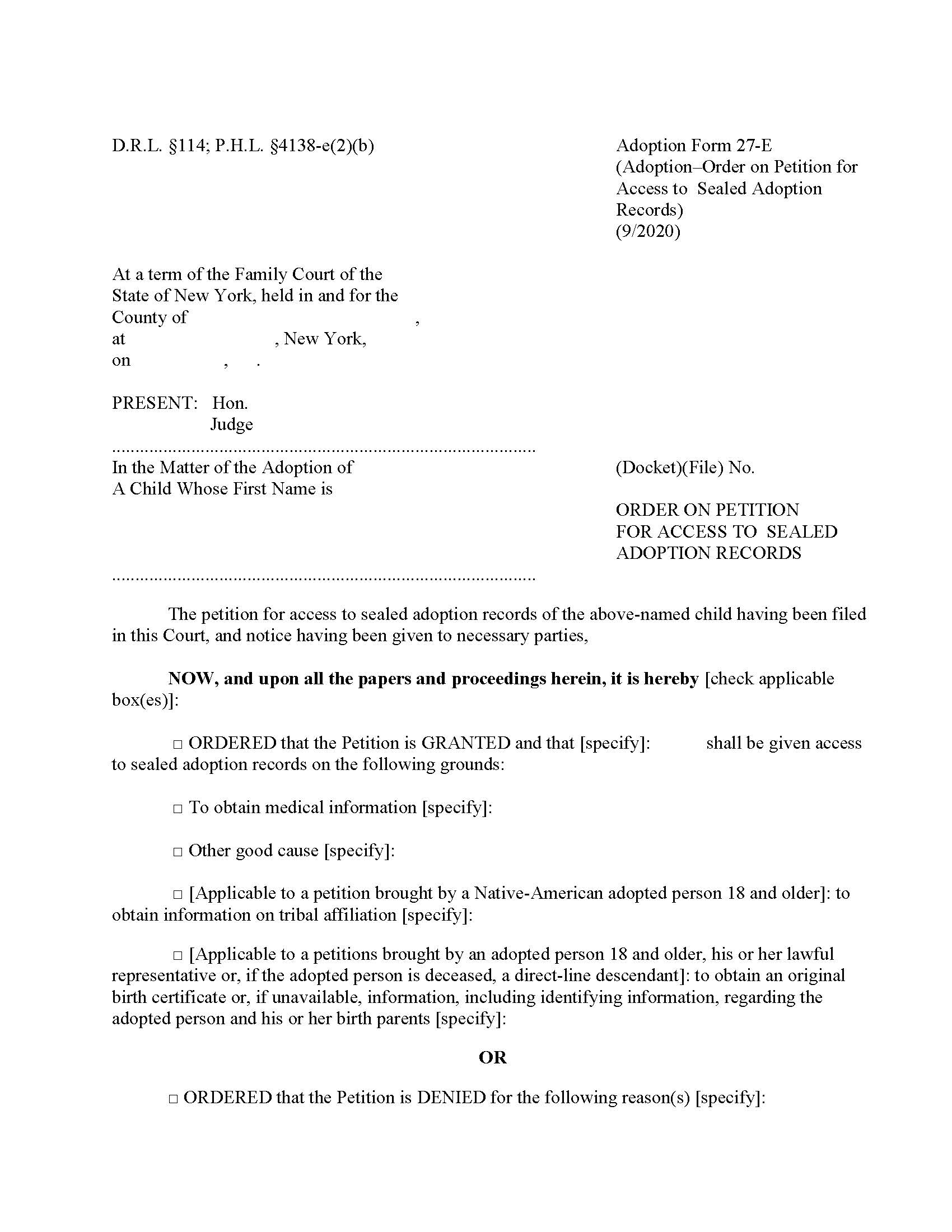 Order On Petition For Access To Sealed Adoption Records {27-E} | Pdf Fpdf Doc Docx | New York