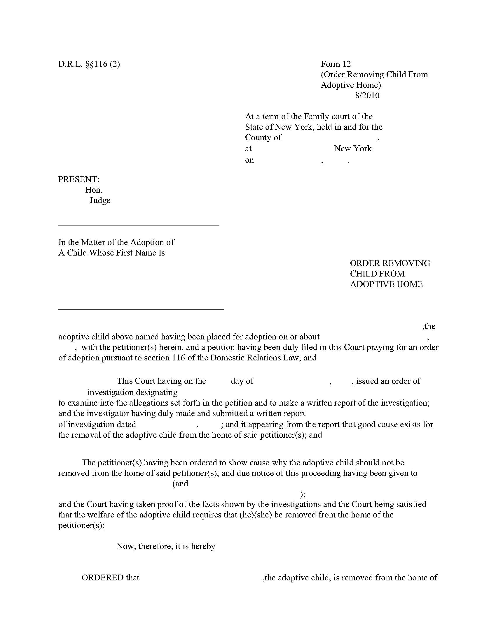 Order Removing Child From Adoptive Home {12} | Pdf Fpdf Doc Docx | New York