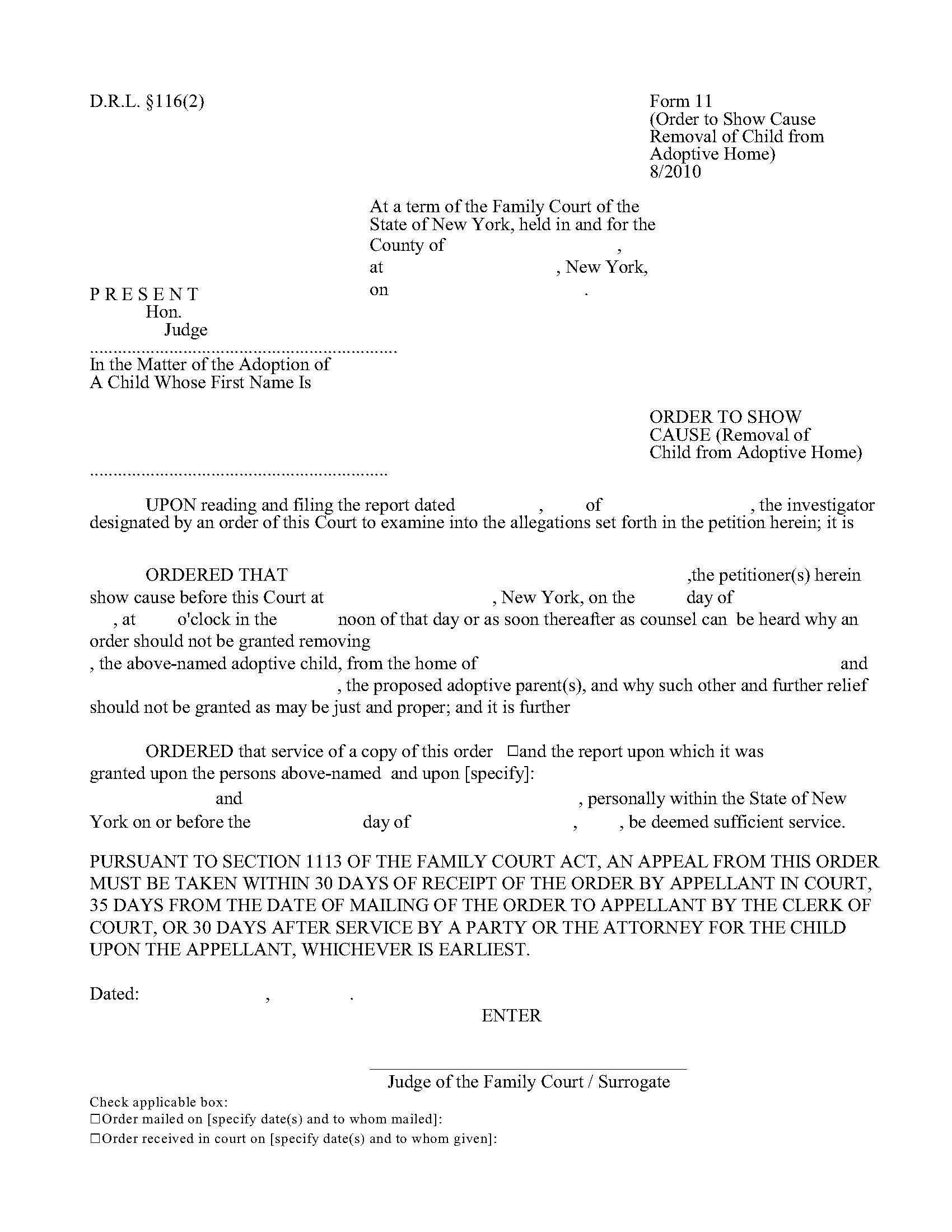 Order To Show Cause (Removal Of Child From Adoptive Home) {11} | Pdf Fpdf Doc Docx | New York