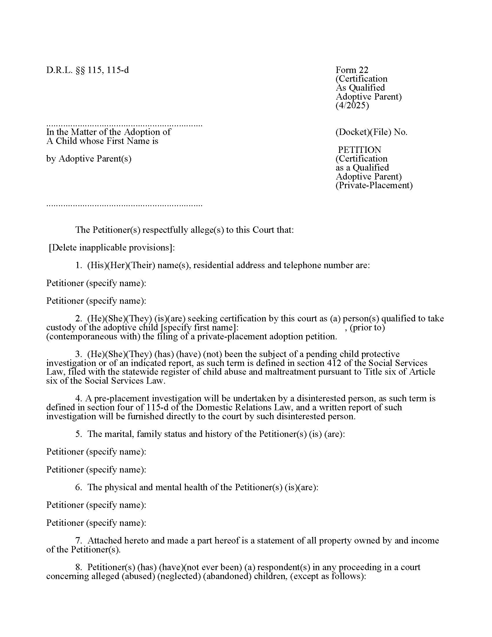 Petition (Certification As A Qualified Adoptive Parent) {22} | Pdf Fpdf Doc Docx | New York