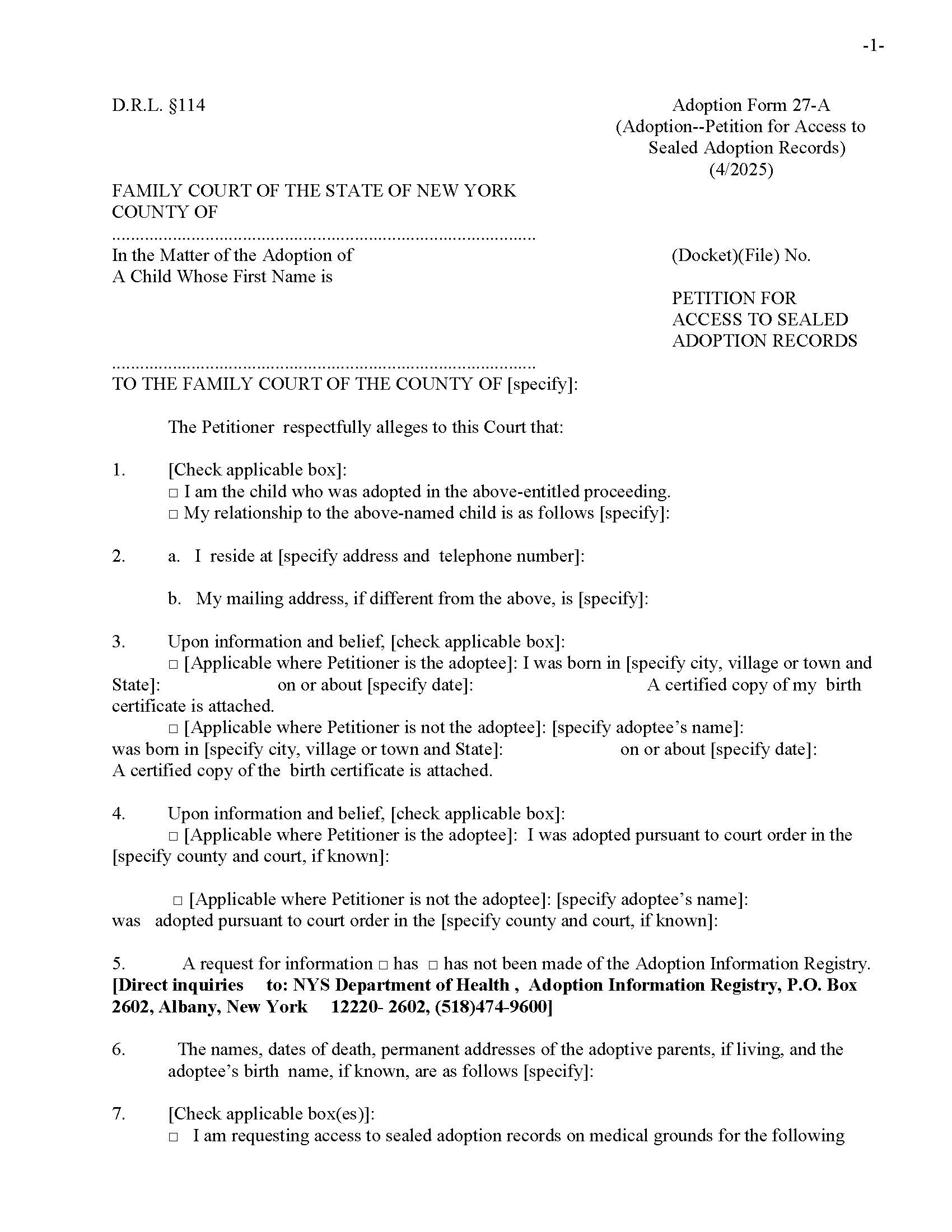 Petition For Access To Sealed Adoption Records {27-A} | Pdf Fpdf Doc Docx | New York