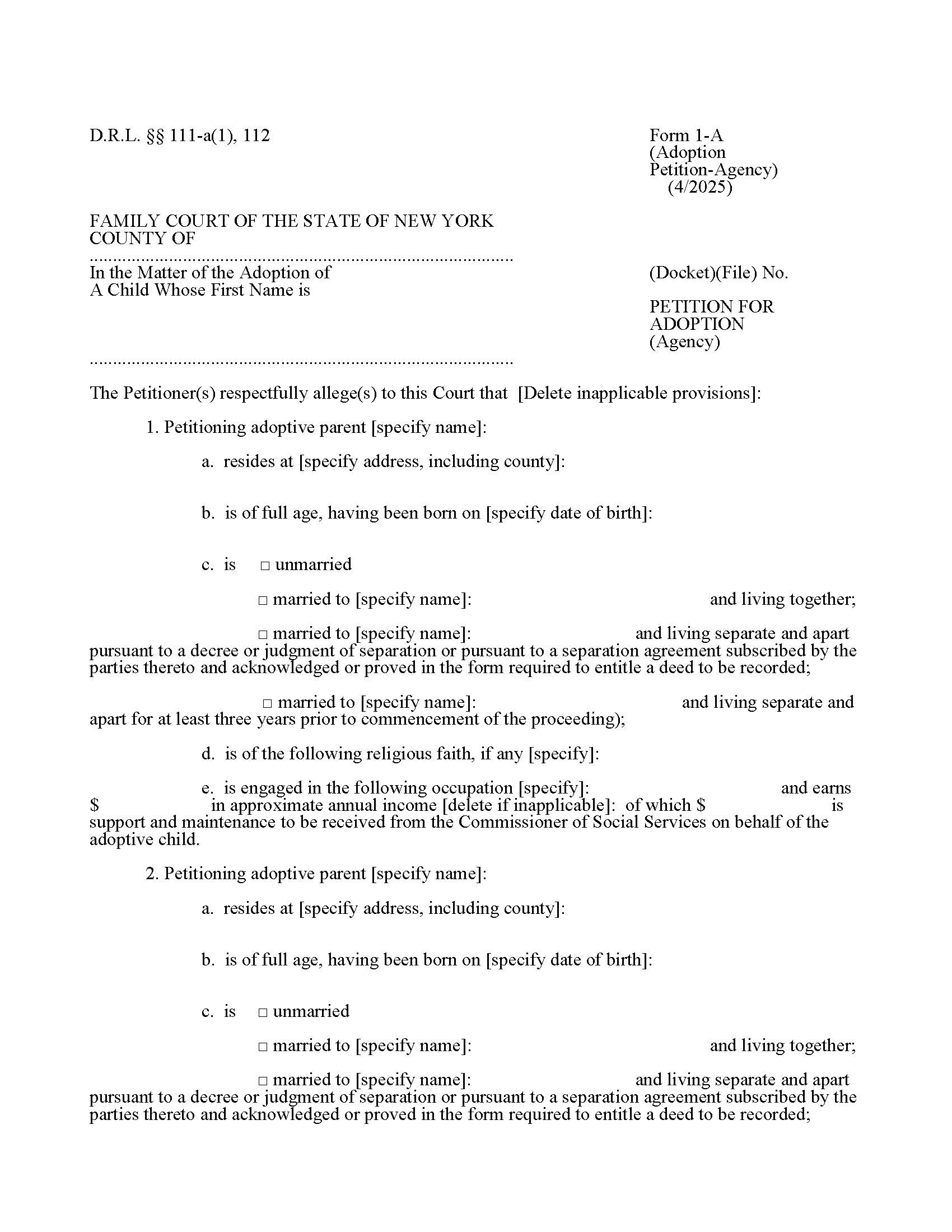 Petition For Adoption (Agency) {1-A} | Pdf Fpdf Doc Docx | New York