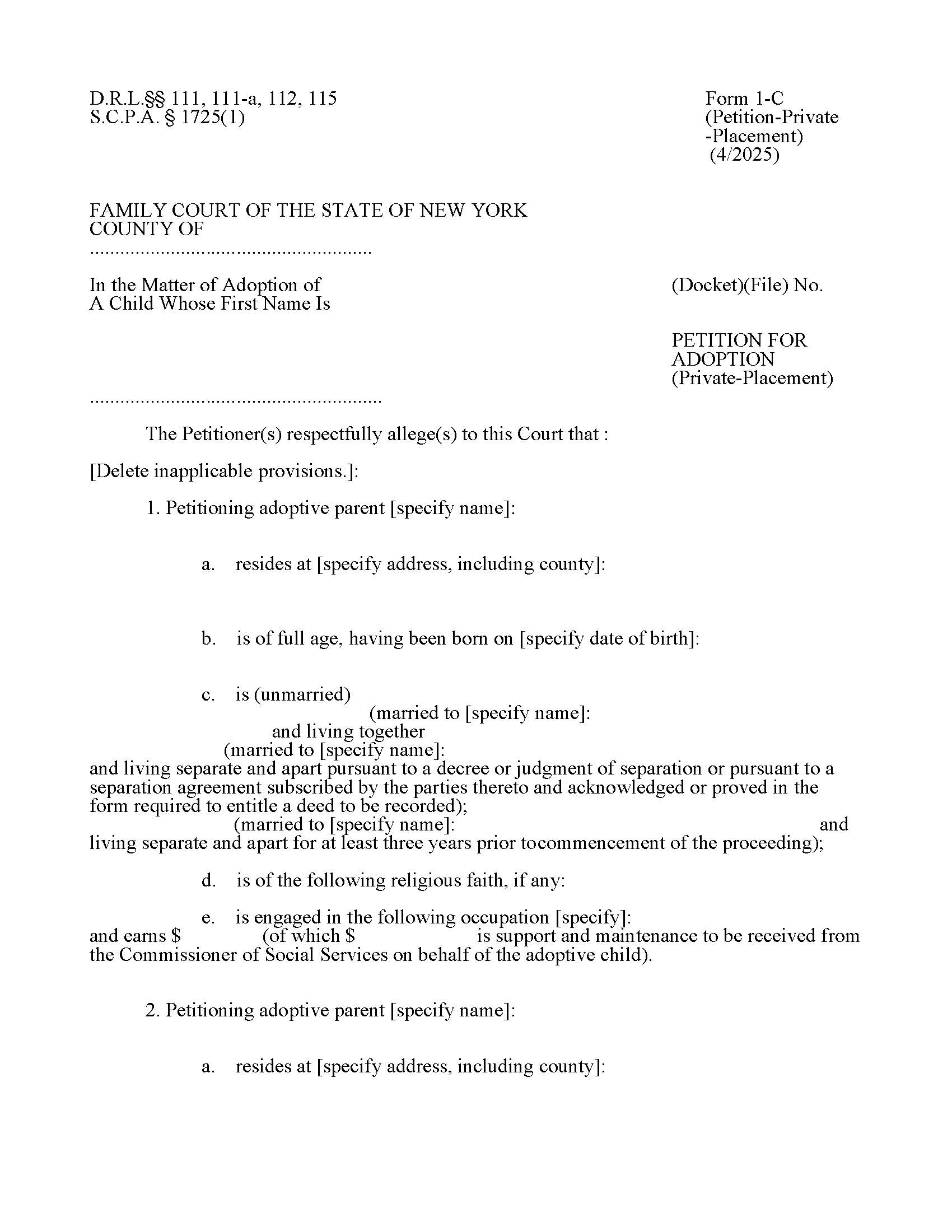 Petition For Adoption (Private Placement) {1-C} | Pdf Fpdf Doc Docx | New York