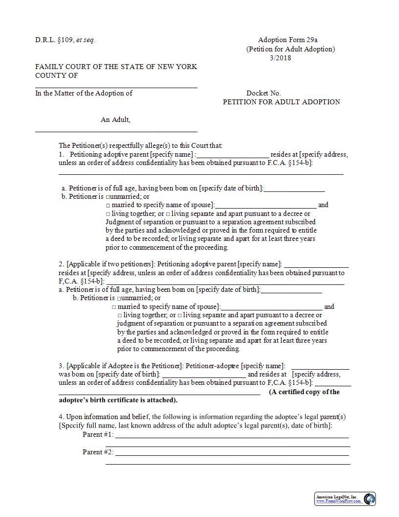Petition For Adult Adoption {29a} | Pdf Fpdf Docx | New York