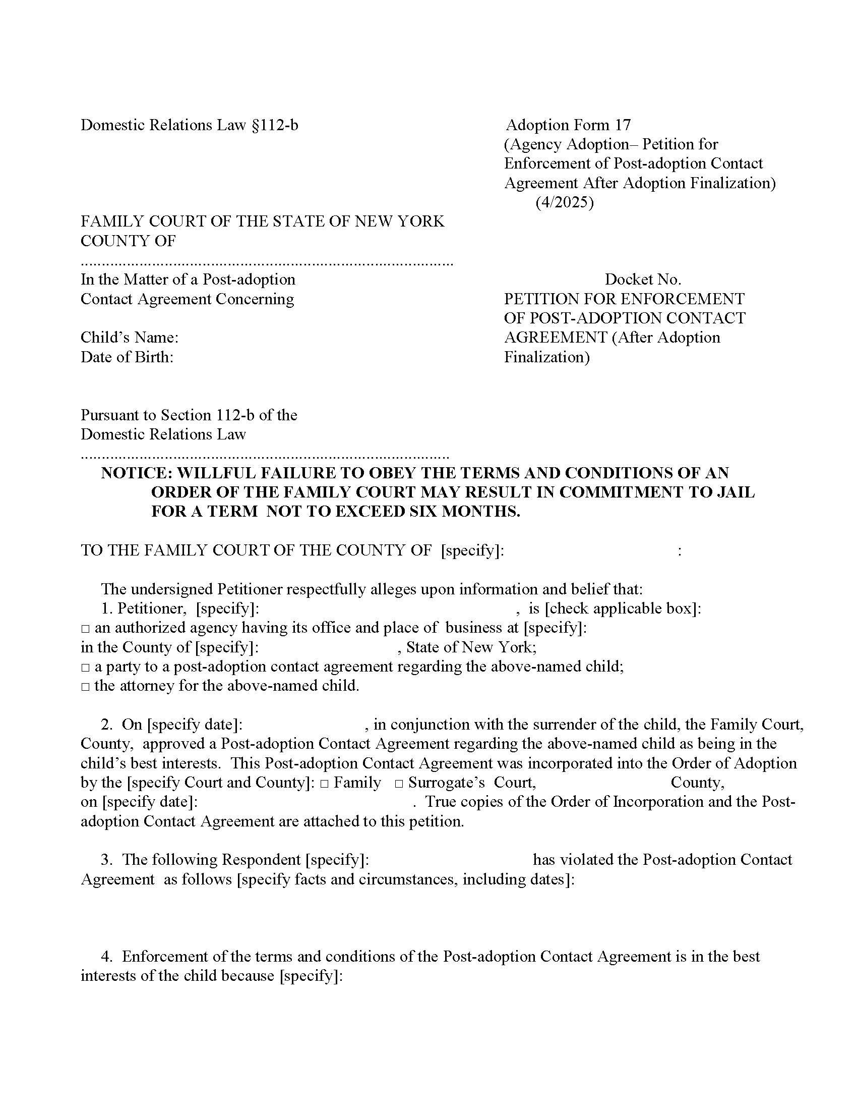 Petition For Enforcement Of Post-Adoption Contact Agreement (After Finalization) {17} | Pdf Fpdf Doc Docx | New York