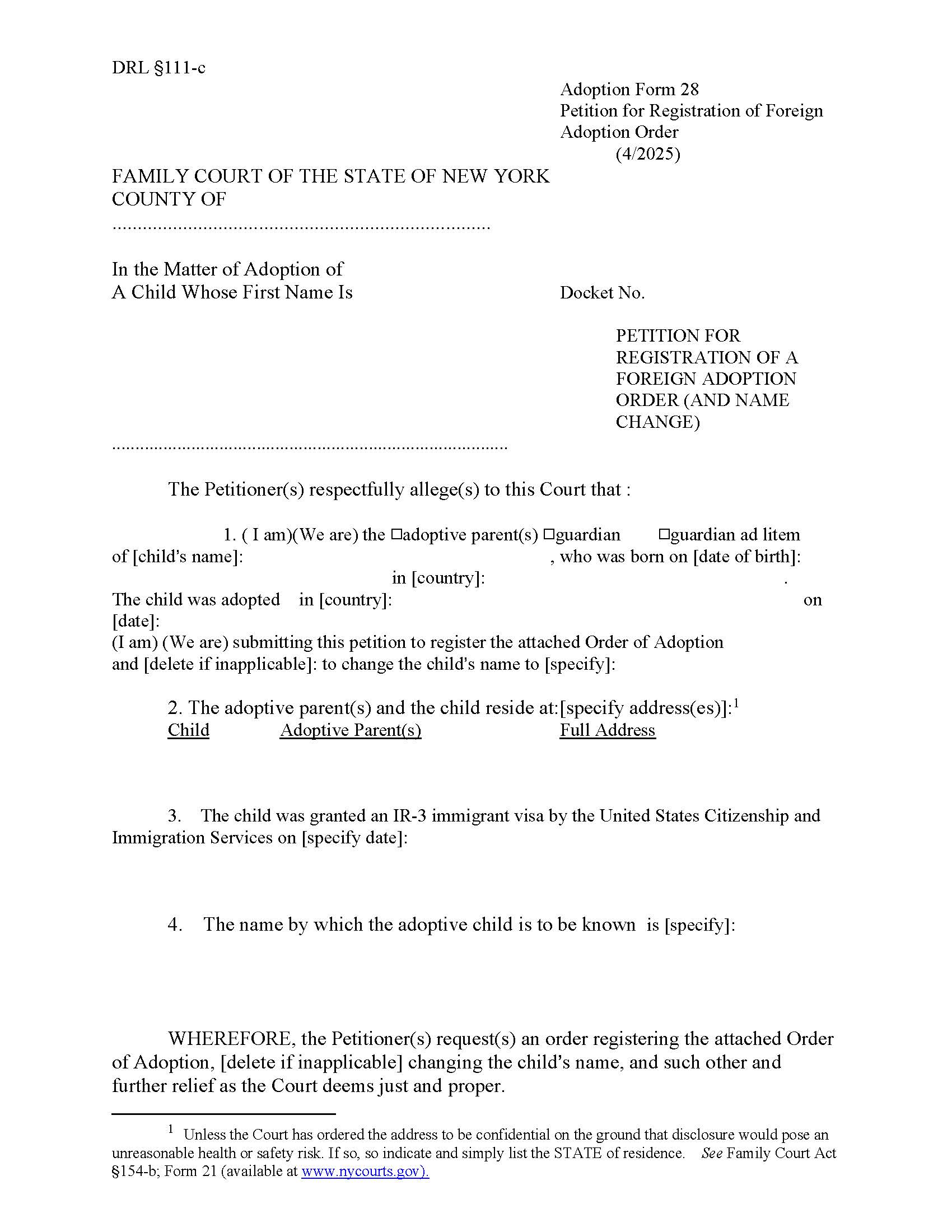 Petition For Registration Of Foreign Adoption Order (And Name Change) {28} | Pdf Fpdf Doc Docx | New York