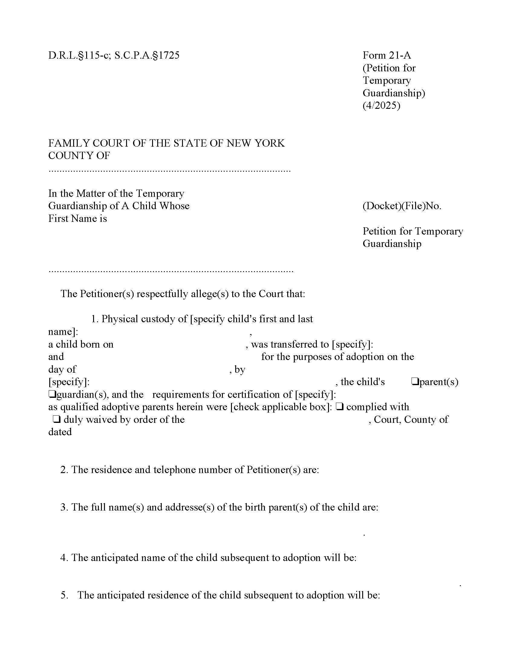 Petition For Temporary Guardianship {21-A} | Pdf Fpdf Doc Docx | New York