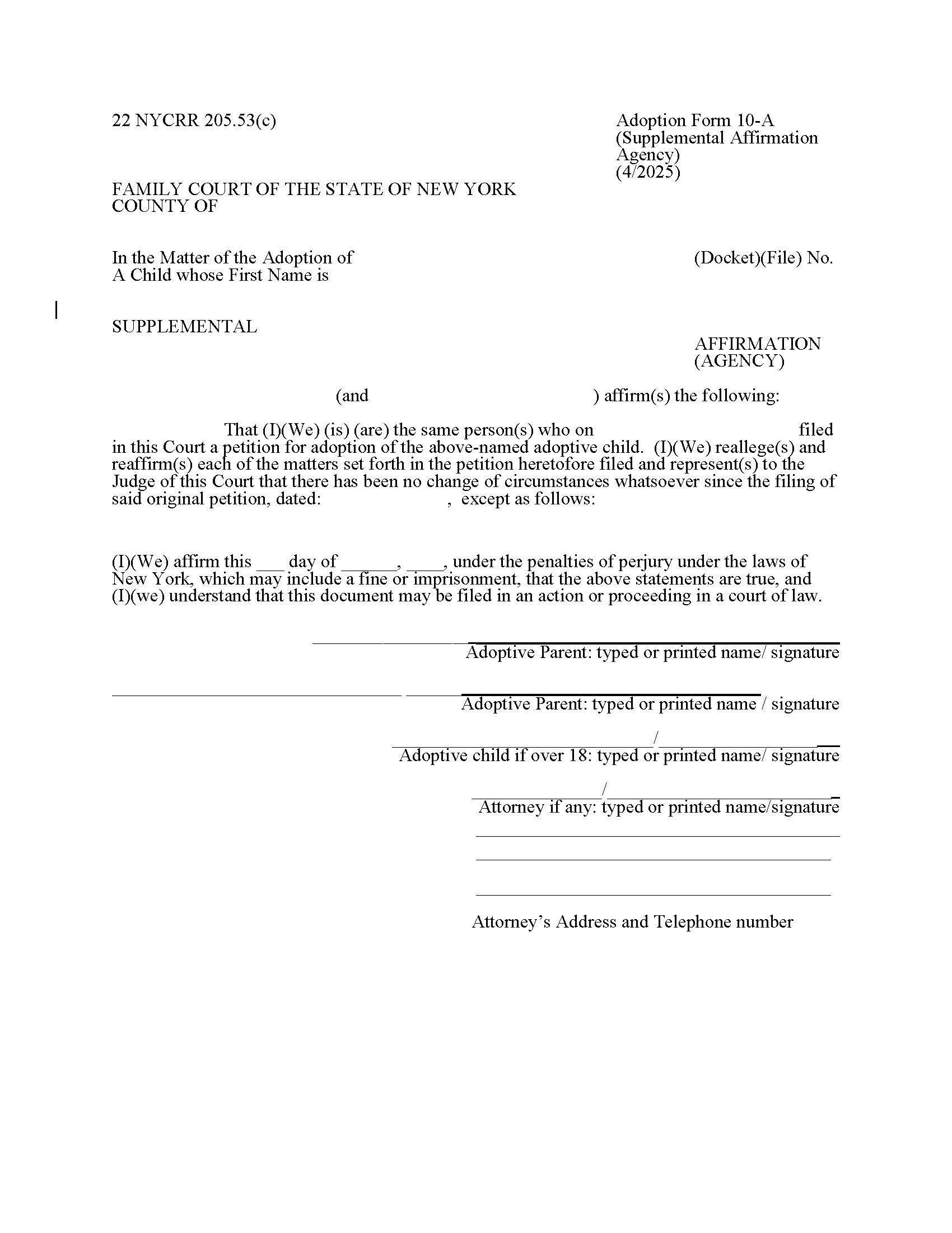 Supplemental Affirmation (Agency) {10-A} | Pdf Fpdf Doc Docx | New York