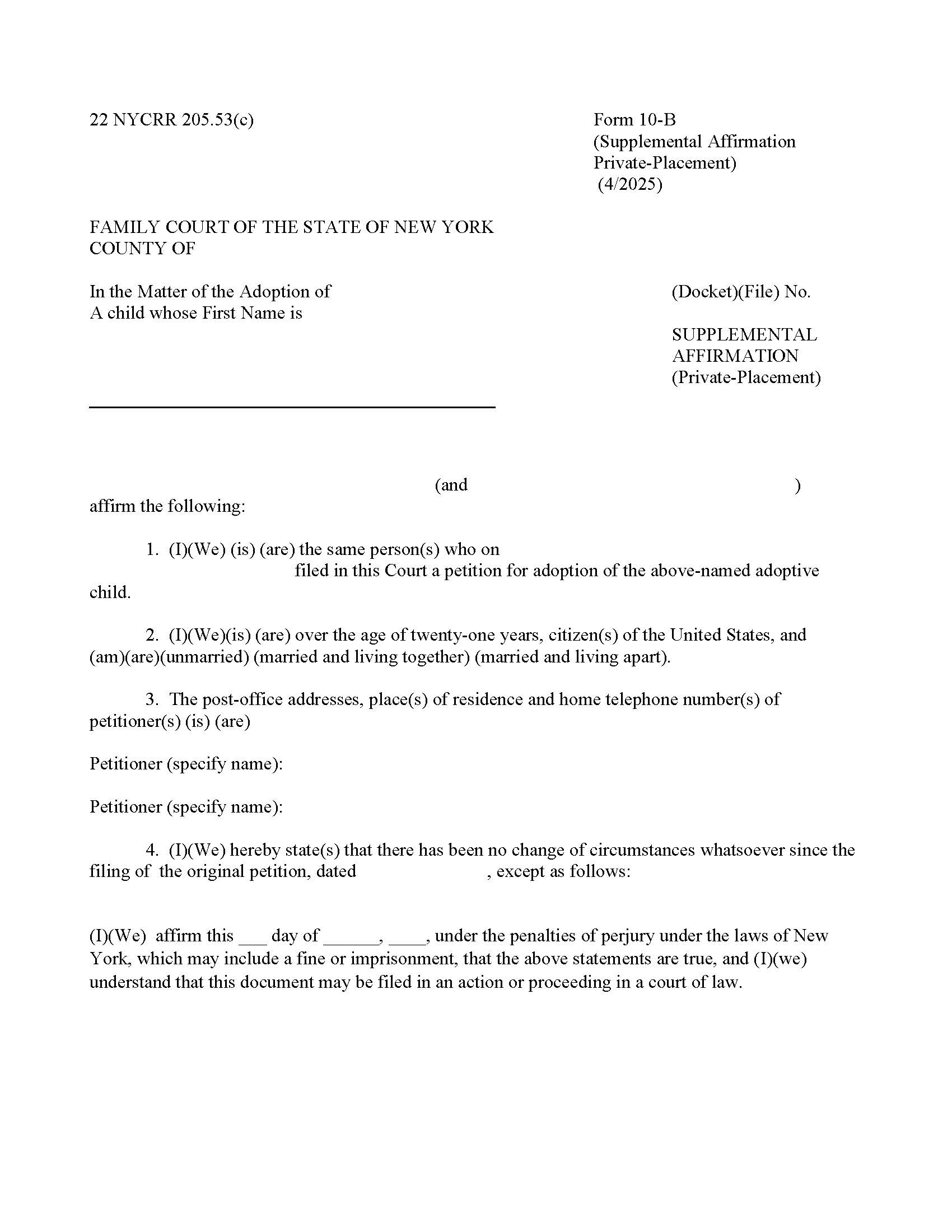 Supplemental Affirmation (Private Placement) {10-B} | Pdf Fpdf Doc Docx | New York