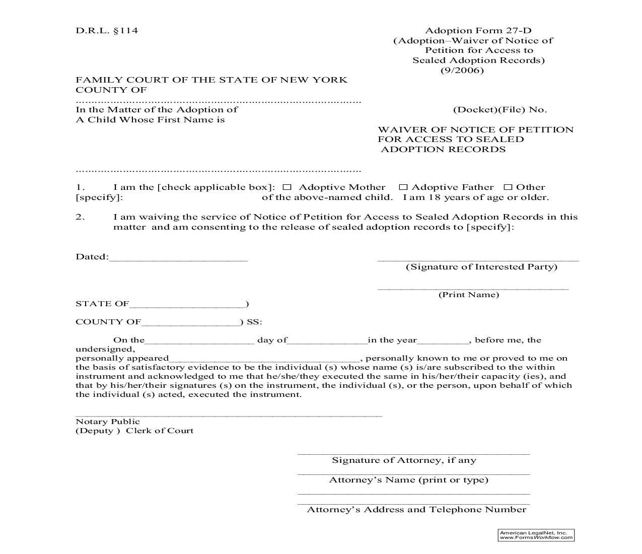 Waiver Of Notice Of Petition For Access To Sealed Adoption Records {27-D} | Pdf Fpdf Doc Docx | New York