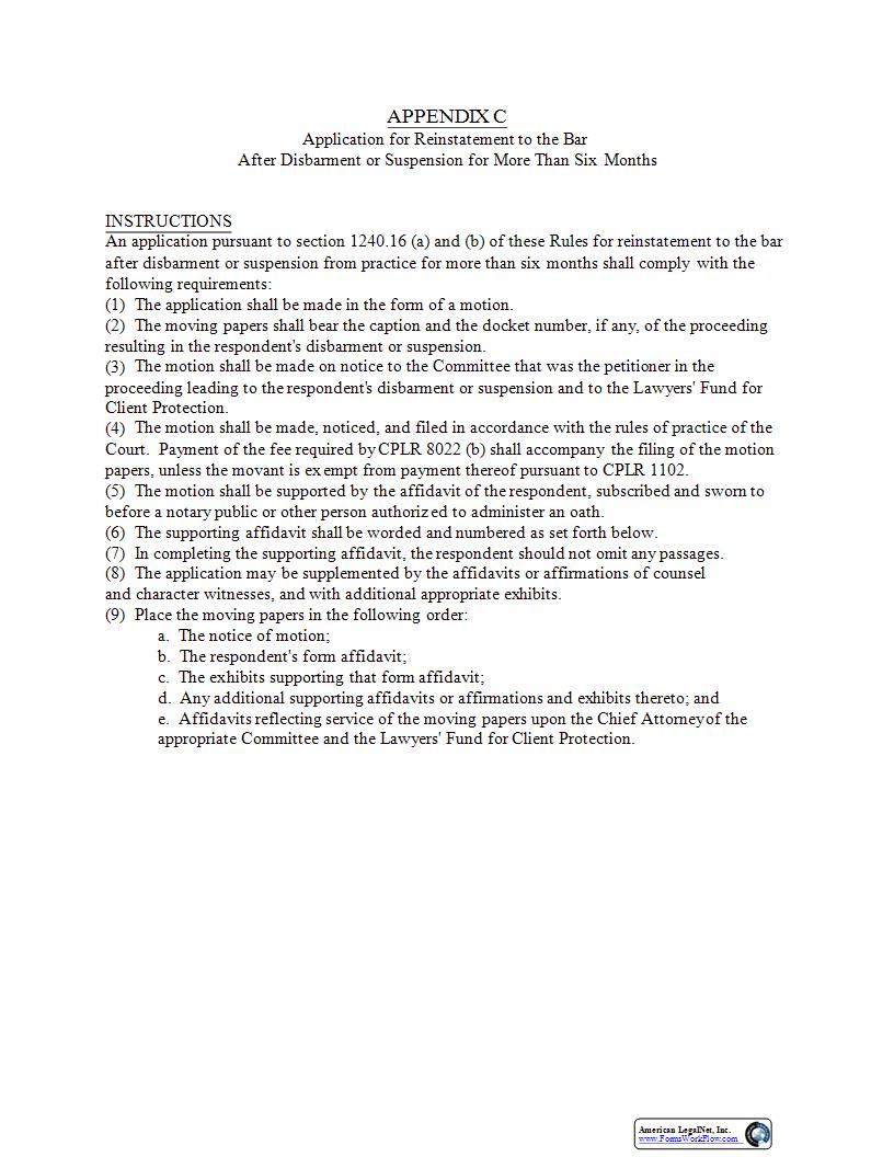 Affidavit In Support Of Application For Reinstatement (Disbarment Over 6 Months) {Appendix C} | Pdf Fpdf Docx | New York