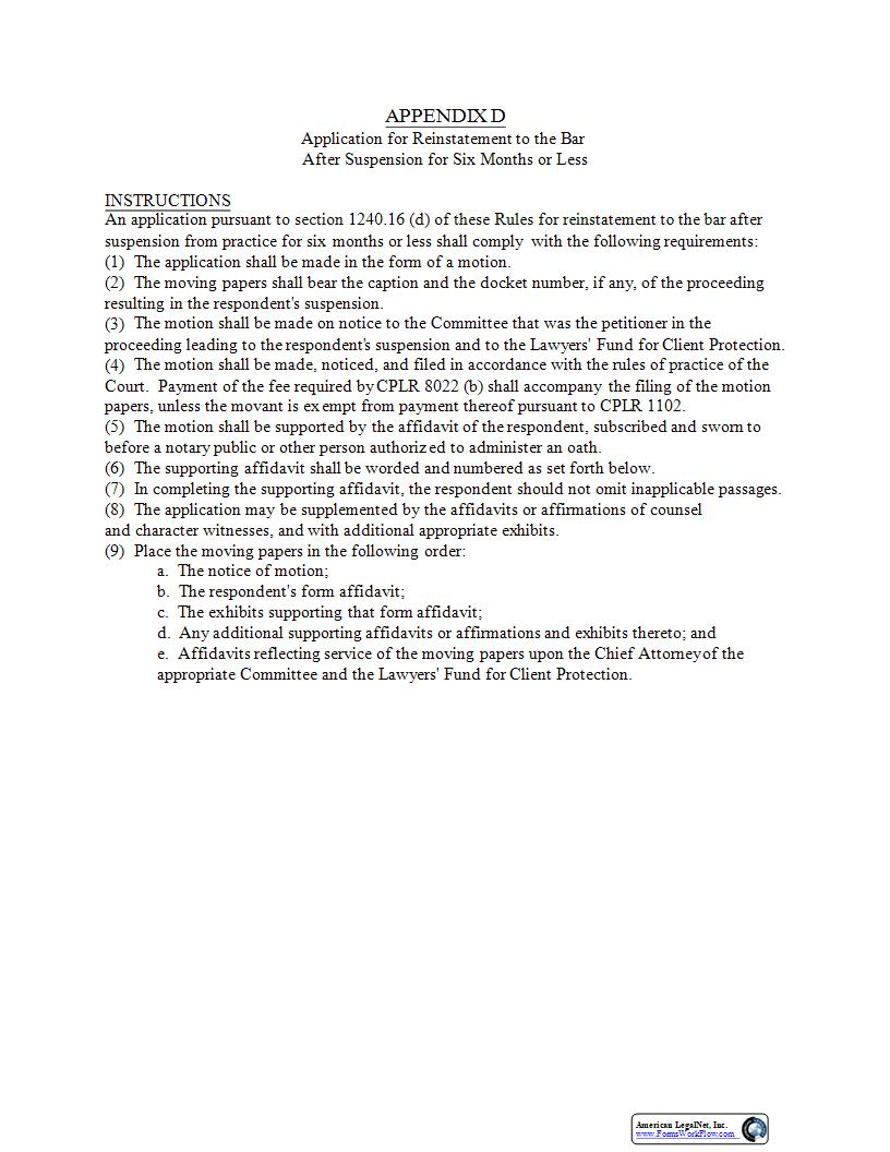 Affidavit In Support Of Application For Reinstatement (Disbarment Under 6 Months) {Appendix D} | Pdf Fpdf Docx | New York