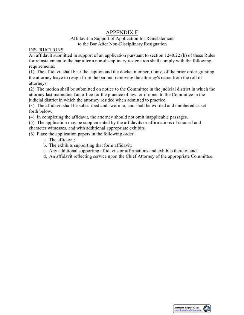 Affidavit In Support Of Application For Reinstatement Non-Disciplinary Resignation {Appendix F} | Pdf Fpdf Docx | New York