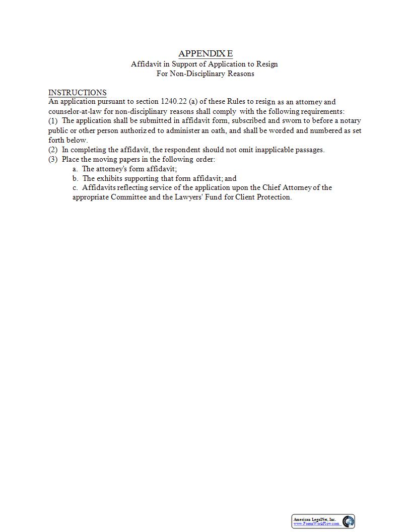 Affidavit In Support Of Application To Resign Non-Disciplinary {Appendix E} | Pdf Fpdf Docx | New York