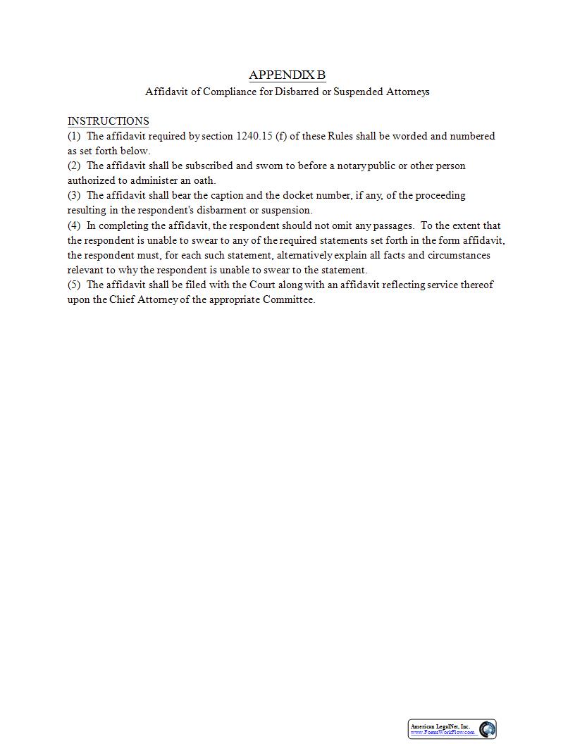 Affidavit Of Compliance For Disbarred Or Suspended Attorneys {Appendix B} | Pdf Fpdf Docx | New York