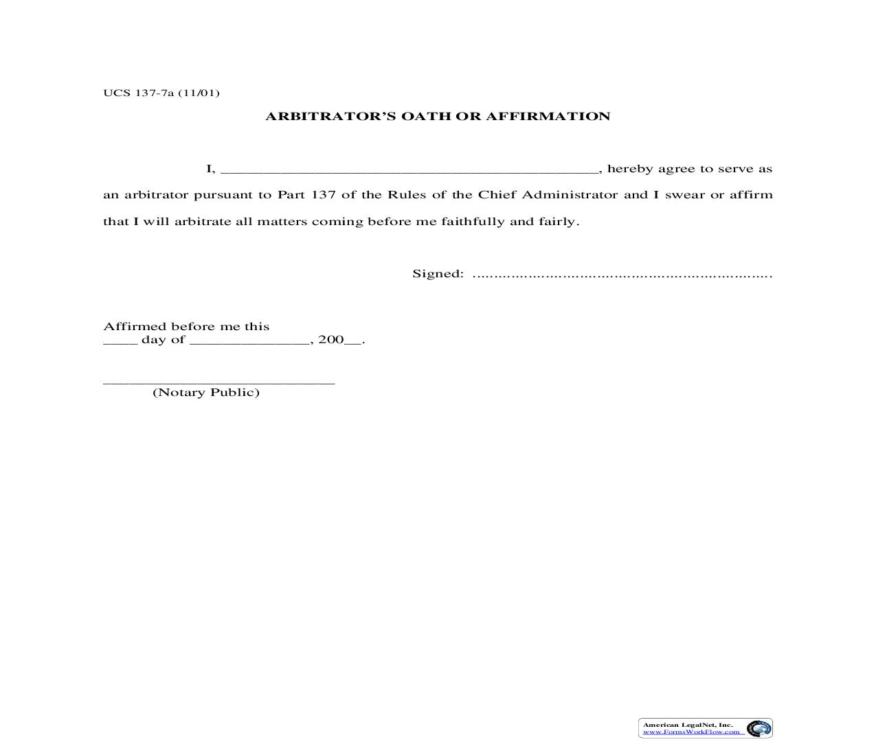 Arbitrators Oath Or Affirmation {UCS 137-7a} | Pdf Fpdf Doc Docx | New York