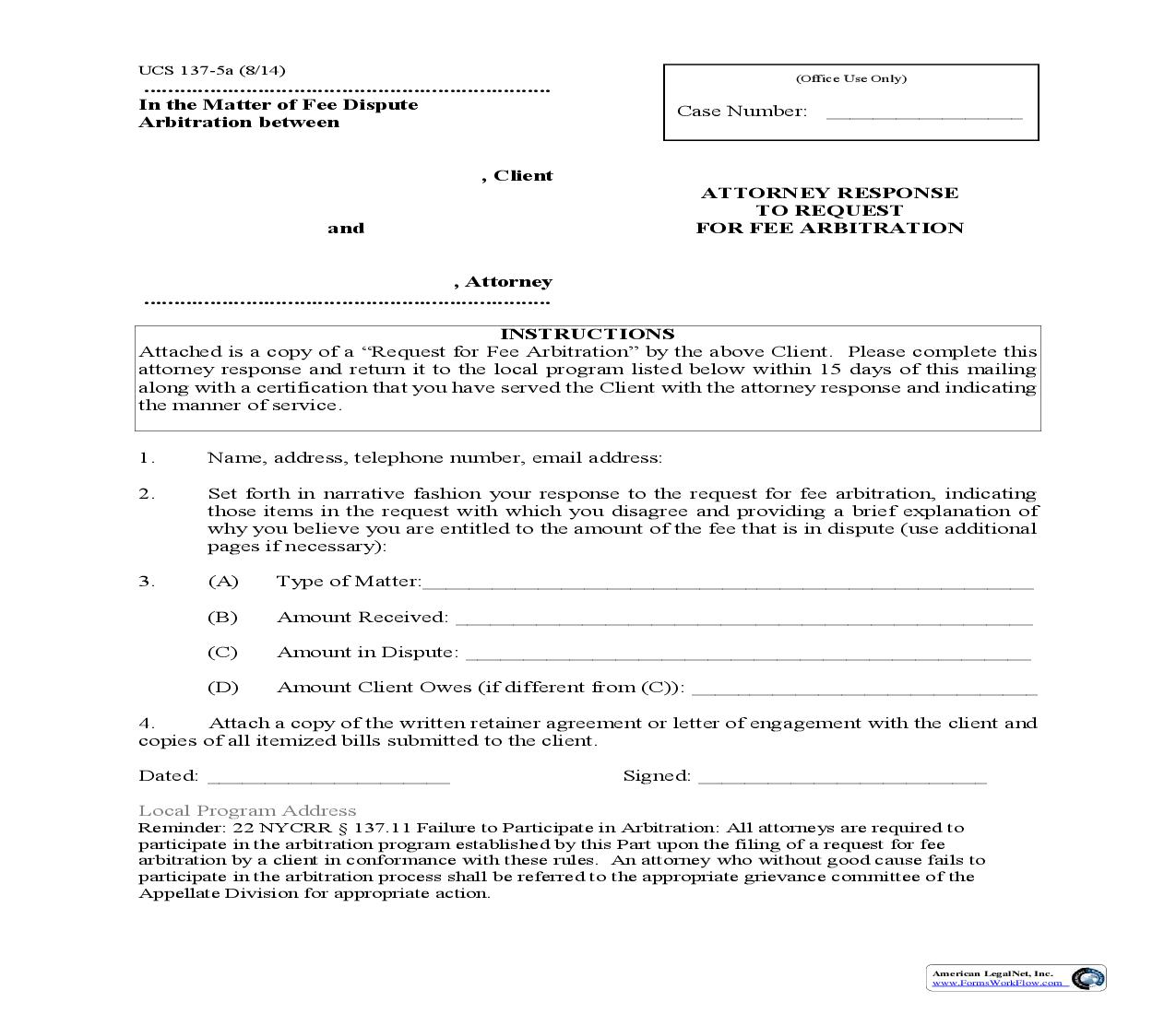 Attorney Response To Request For Fee Arbitration {UCS 137-5a} | Pdf Fpdf Doc Docx | New York