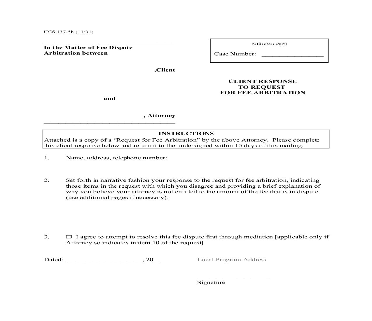 Client Response To Request For Fee Arbitration {UCS 137-5b} | Pdf Fpdf Doc Docx | New York