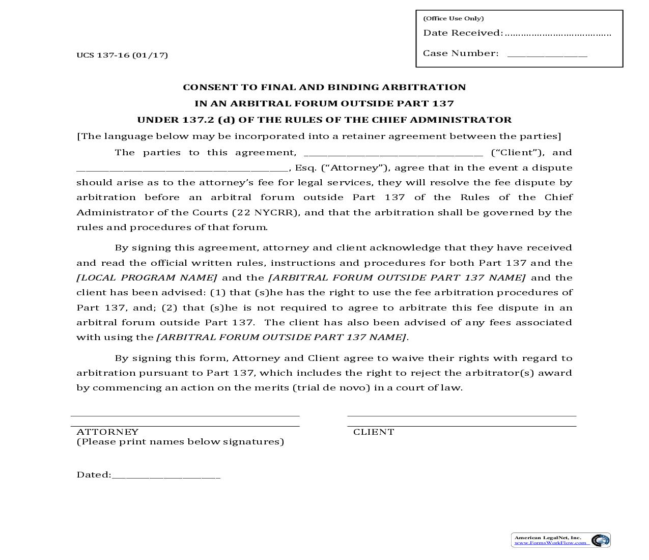 Consent To Final And Binding Arbitration In Arbitral Forum Outside Part 137 {UCS 137-16} | Pdf Fpdf Doc Docx | New York