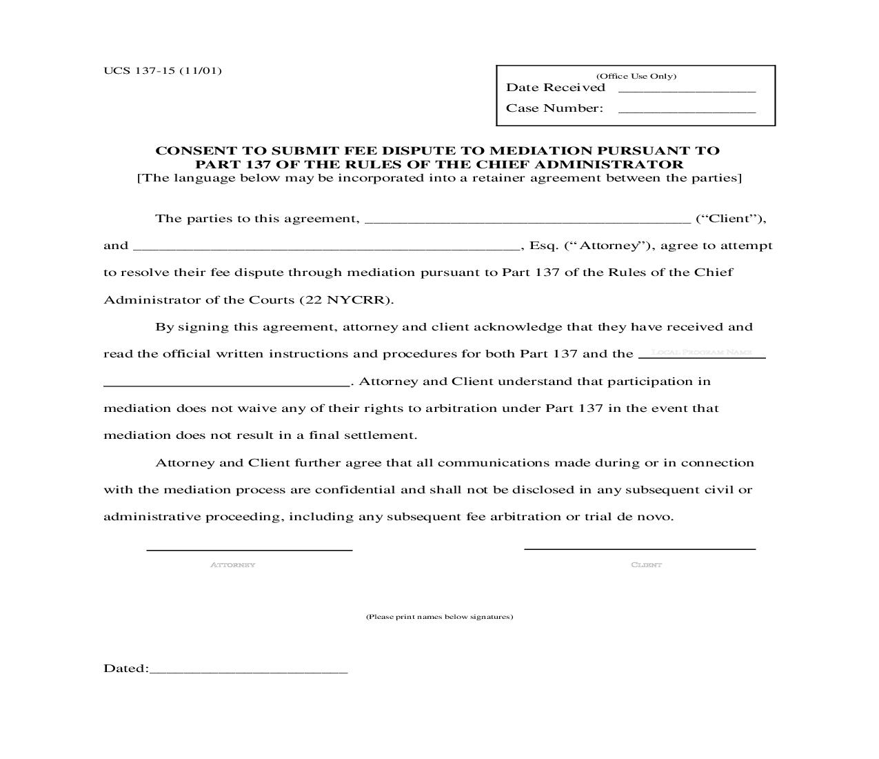 Consent To Submit Fee Dispute To Mediation {UCS 137-15} | Pdf Fpdf Doc Docx | New York