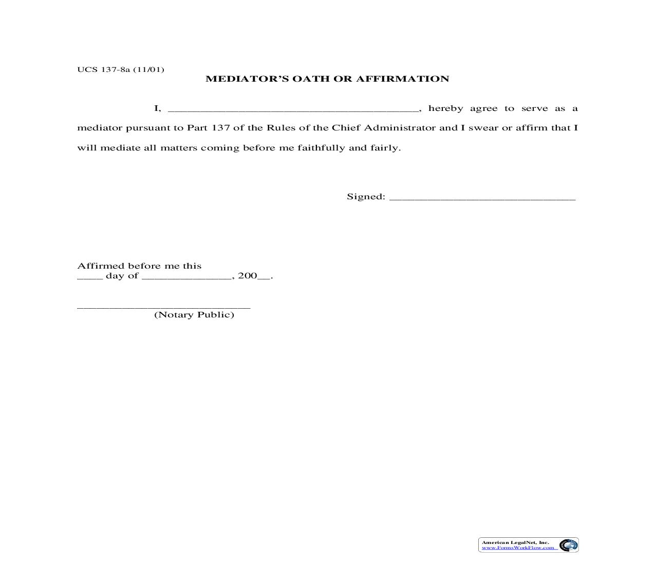 Mediators Oath Or Affirmation {UCS 137-8a} | Pdf Fpdf Doc Docx | New York