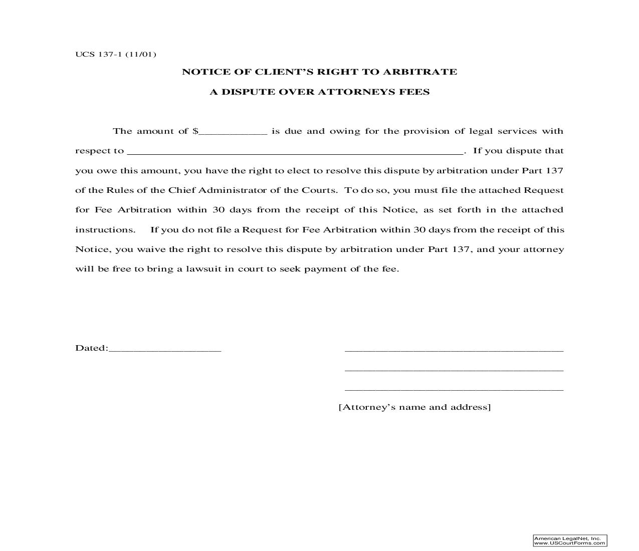 Notice Of A Clients Right To Arbitrate A Dispute Over Attorneys Fees {UCS 137-1} | Pdf Fpdf Doc Docx | New York