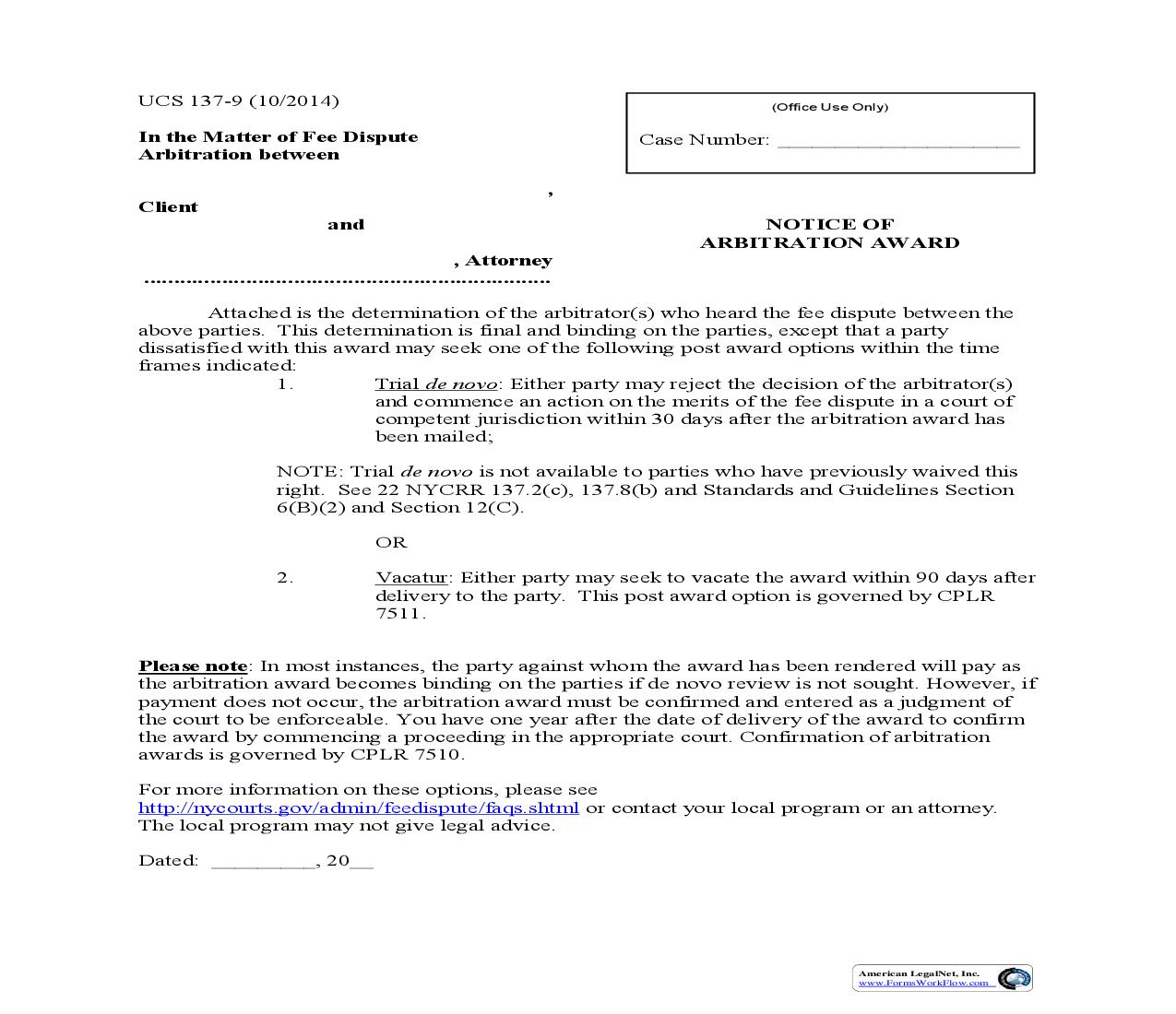 Notice Of Arbitration Award {UCS 137-9} | Pdf Fpdf Doc Docx | New York