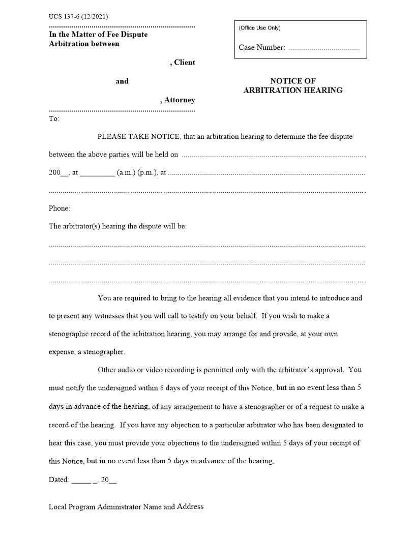 Notice Of Arbitration Hearing {UCS 137-6} | Pdf Fpdf Doc Docx | New York