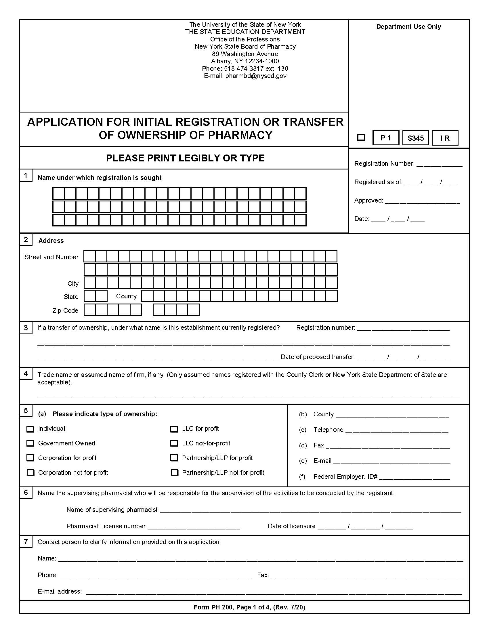 Application For Initial Registration Or Transfer Of Ownership Of Pharmacy {PH 200} | Pdf Fpdf Doc Docx | New York