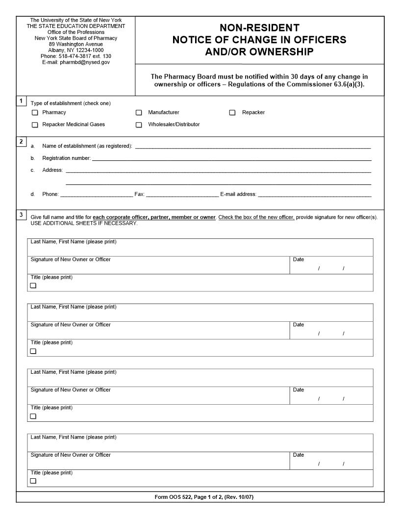 Non-Resident Notice Of Change In Officers And-Or Ownership {OOS 522}pdf | Pdf Fpdf Doc Docx | New York