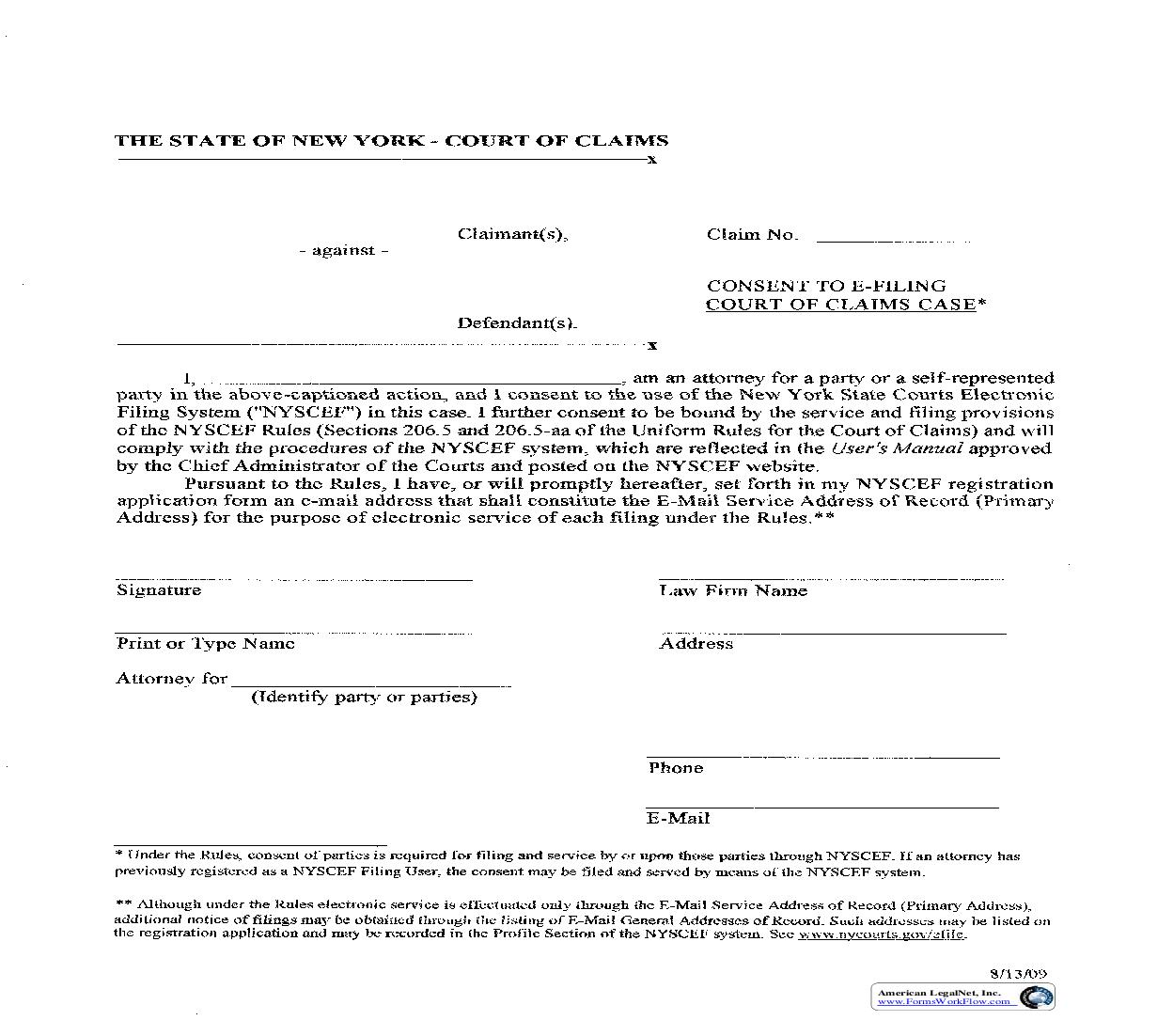 Consent To  E-Filing Court Of Claims Case | Pdf Fpdf Doc Docx | New York