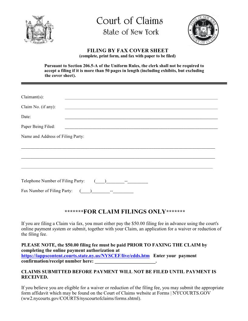 Filing By Fax Cover Sheet | Pdf Fpdf Docx | New York