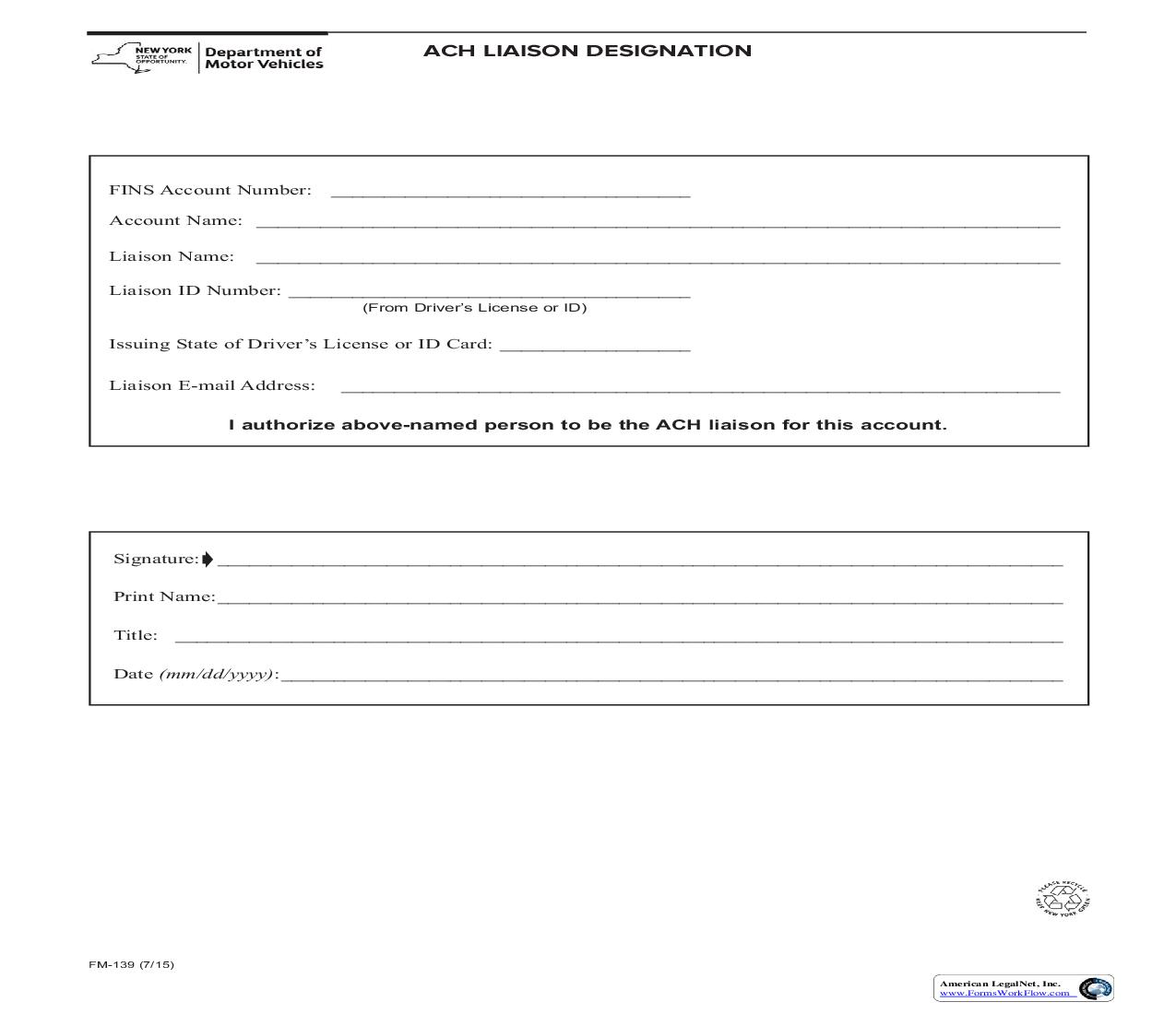 ACH Liaison Designation {FM-139} | Pdf Fpdf Doc Docx | New York
