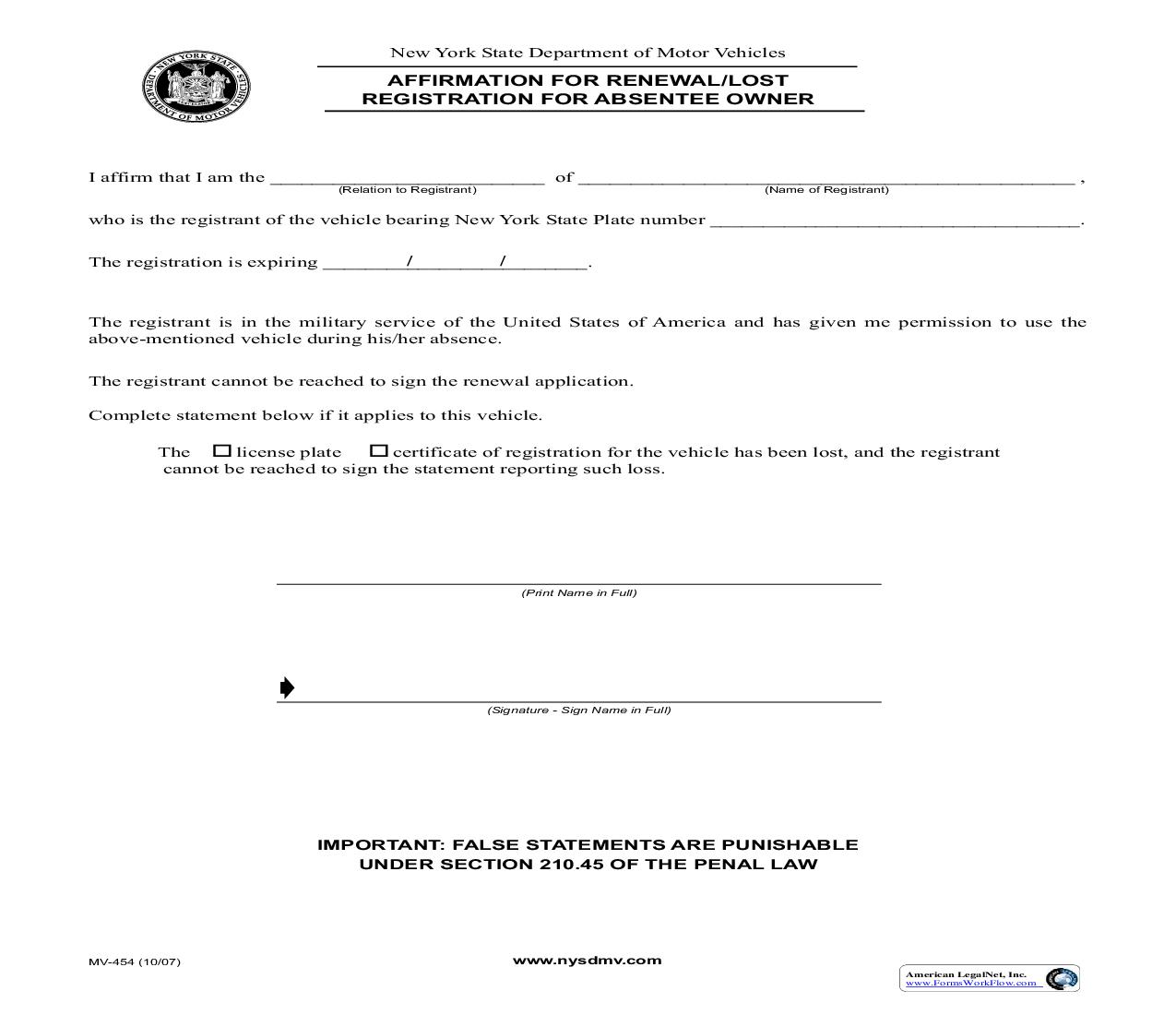 Affirmation For Renewal Or Lost Registration For Absentee Owner {MV-454} | Pdf Fpdf Doc Docx | New York