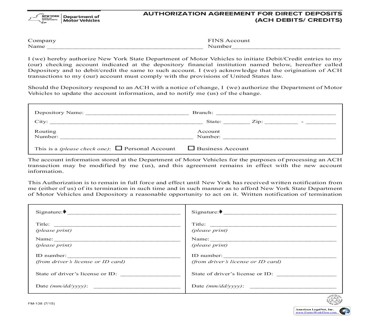 Authorization Agreement For Direct Deposits (ACH Debits-Credits) {FM-138} | Pdf Fpdf Doc Docx | New York