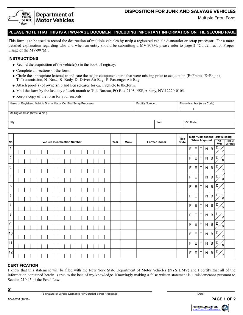 Disposition For Junk And Salvage Vehicles {MV-907M} | Pdf Fpdf Docx | New York