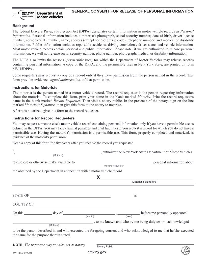 General Consent For Release Of Personal Information {MV-15GC} | Pdf Fpdf Doc Docx | New York