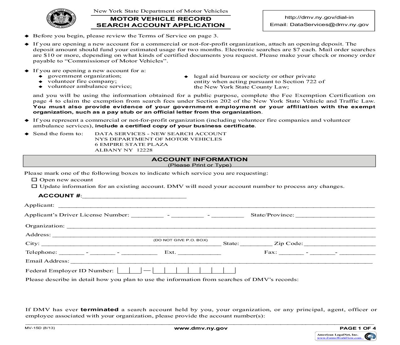 Motor Vehicle Record Search Account Application {MV-15D} | Pdf Fpdf Doc Docx | New York