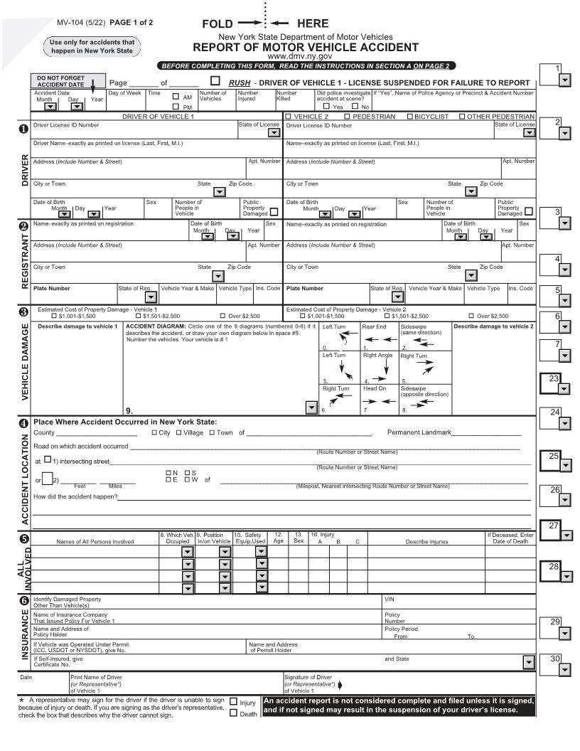 Report Of Motor Vehicle Accident {MV-104} | Pdf Fpdf Doc Docx | New York